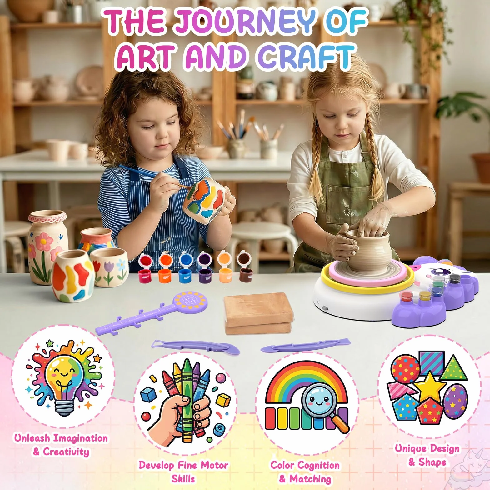 Tornio per Ceramica Bambina 3+ Anni, Fai Da Te Pottery Wheel Kit con Argilla Autoindurente, Lavoretti Creativi per Bambini, DIY Arte e Pittura Laboratorio, Natale Compleanno Regalo bimba Ragazza