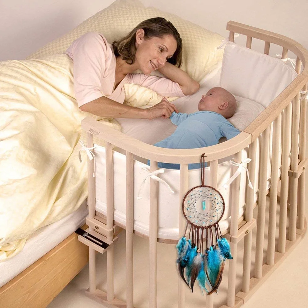 Acchiappasogni Grande Indiano con Piume Blu, Decorazione da Parete per Bambini
