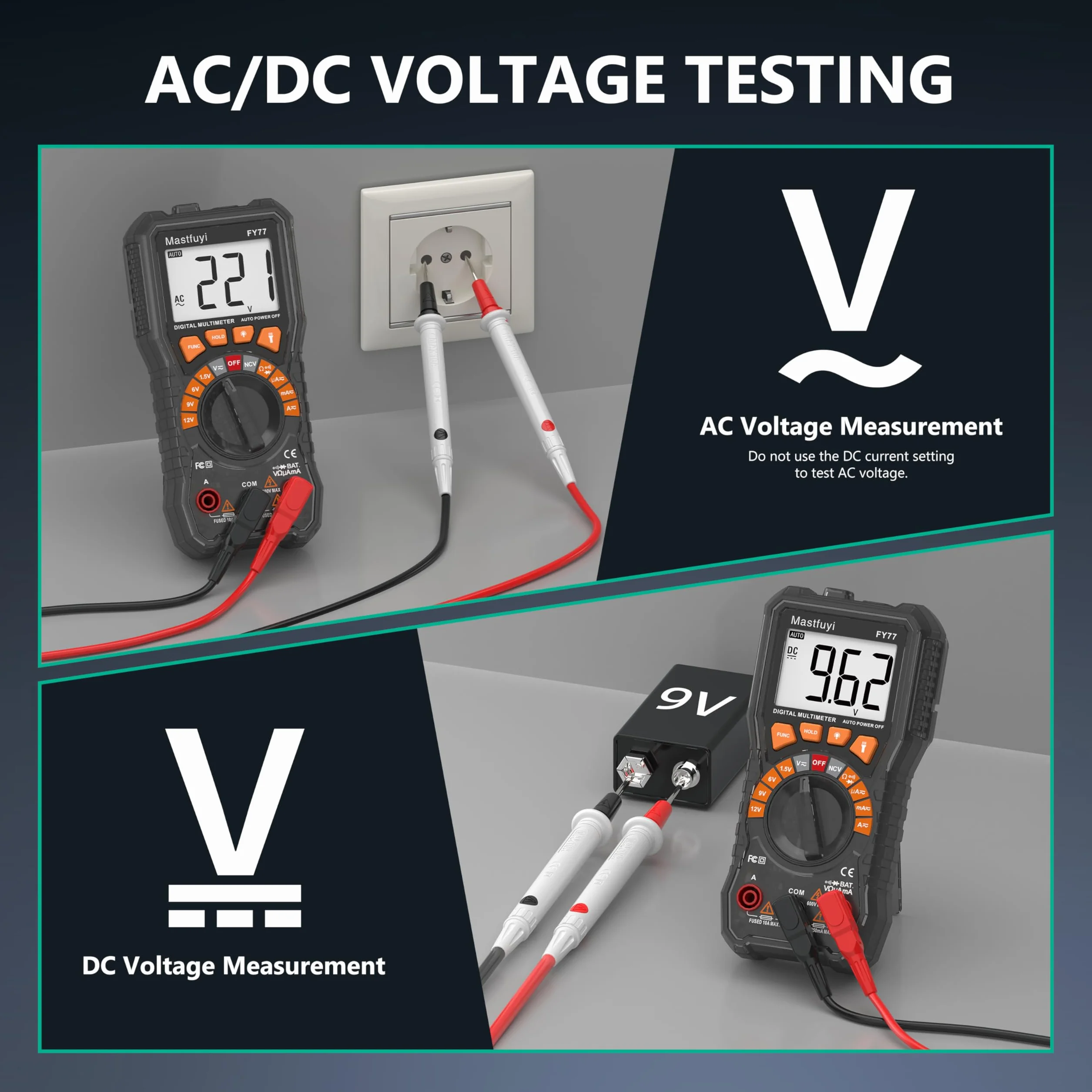 Multimetro Digitale, Tester multiplo con NCV, Test di Gamma Automatico, Tester per Batterie, Conta il Vero RMS 2000, Corrente AC/DC, Tensione AC/DC, Continuità, Resistenza, Diodo