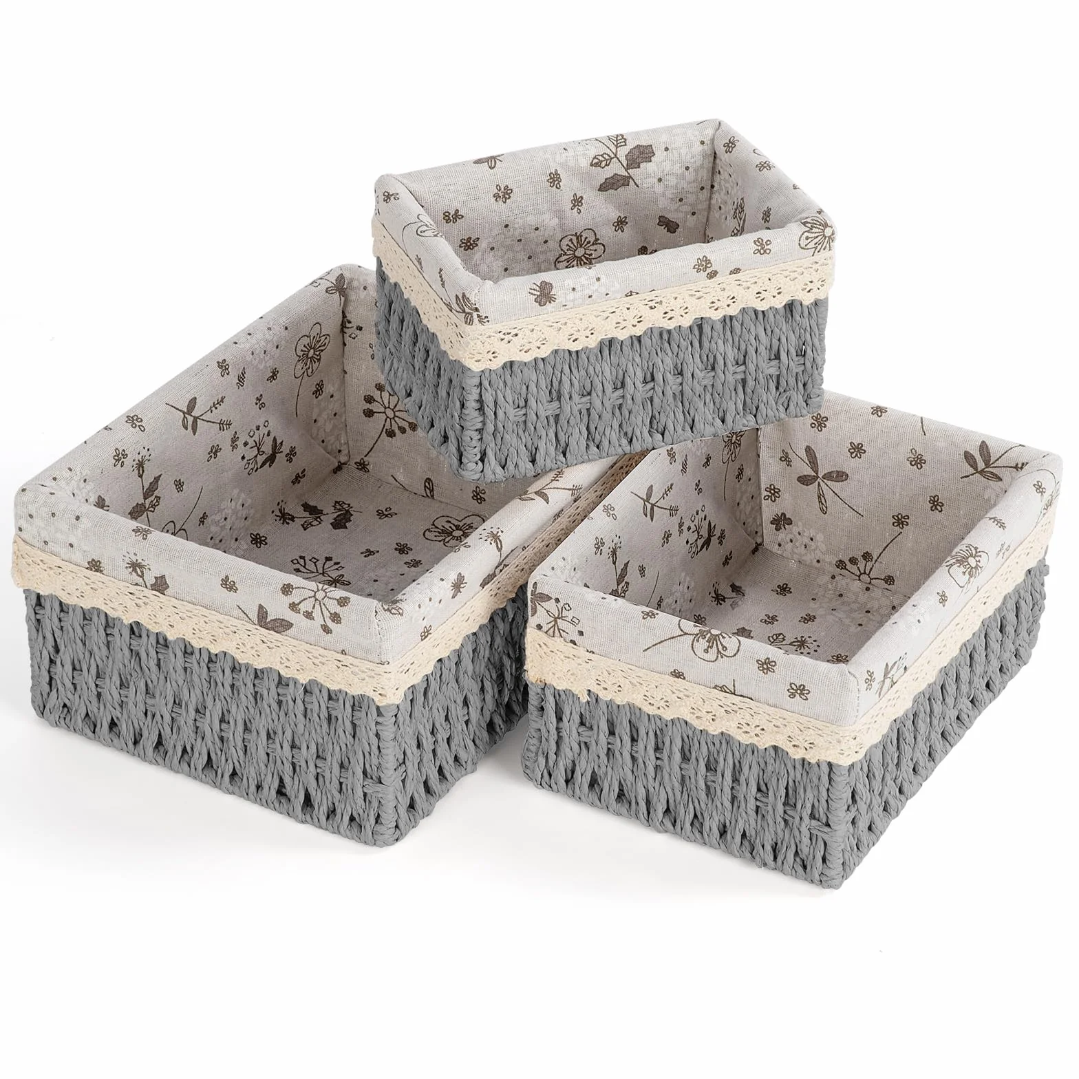 Cestini Portaoggetti, Set di 3 Cestini Portaoggetti Bambini Cesto Cestino porta Giocattoli Cestino da Bagno Cesto Vimini Corda di Carta Cestino Porta per Camerette, Bagno, Cassetti(Grigio)