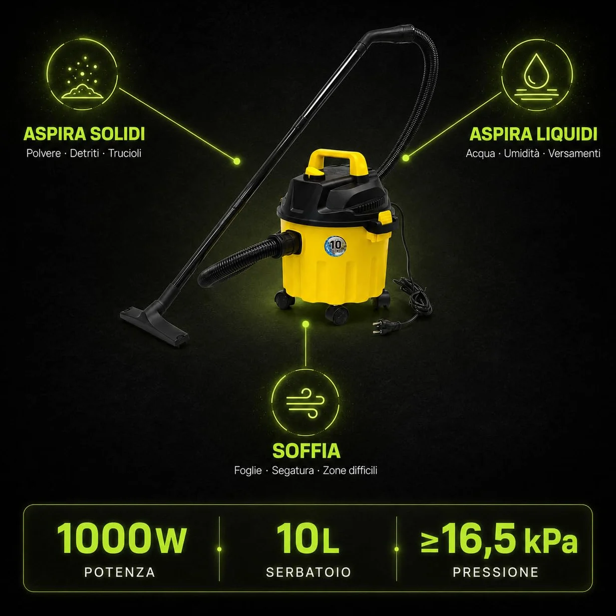 KOMBO - Aspiratore Solidi e Liquidi 1000W 10L – 3in1 Soffiatore, Serbatoio Capiente, Filtro Lavabile, Potenza 1000 Watt – Compatto e Maneggevole