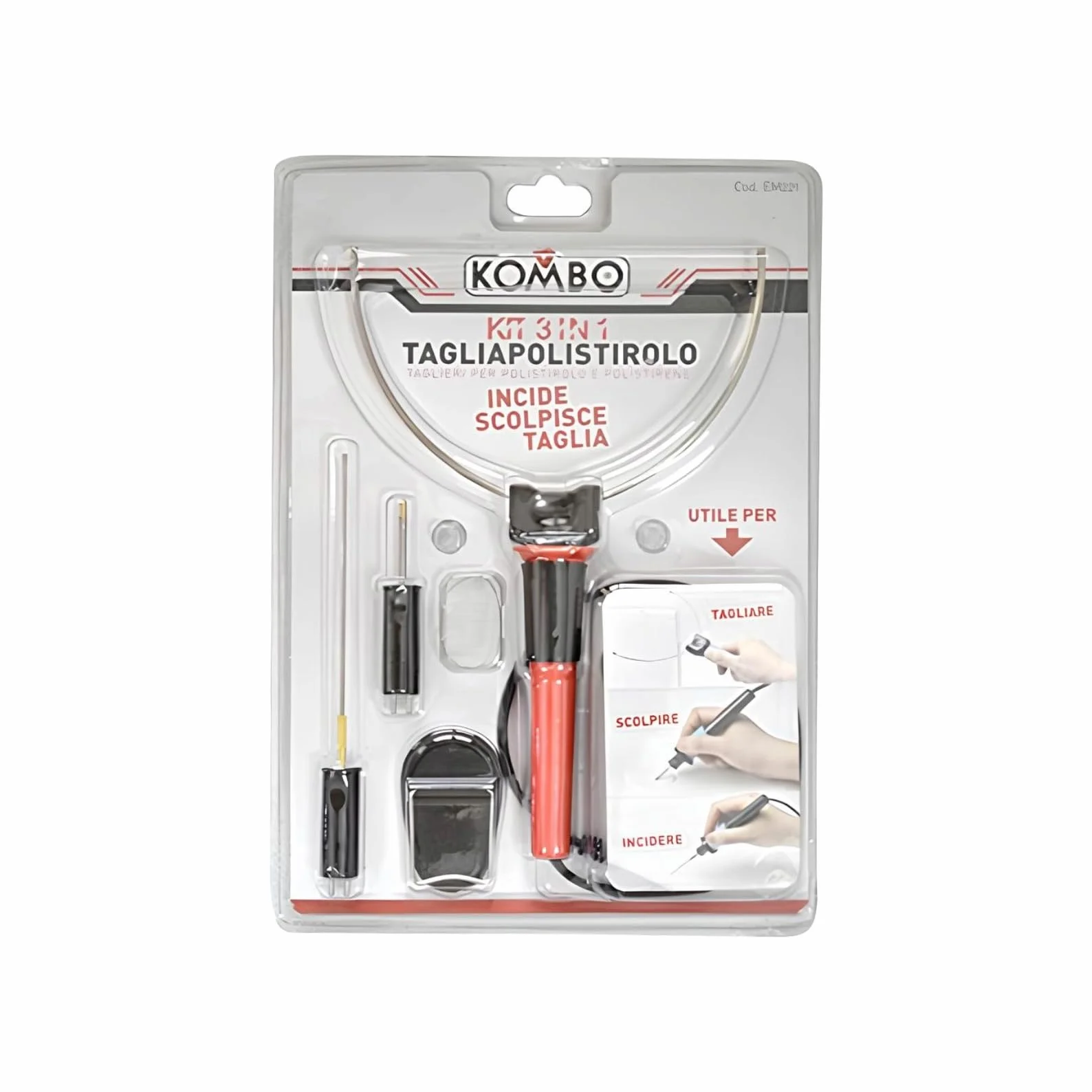 KOMBO - Tagliapolistirolo Elettrico 3 in 1 con Arco a Filo, Lama e Punteruolo – Kit per Polistirolo e Polistirene con Filo di Ricambio e Supporto, Raggiunge 150°C in pochi secondi