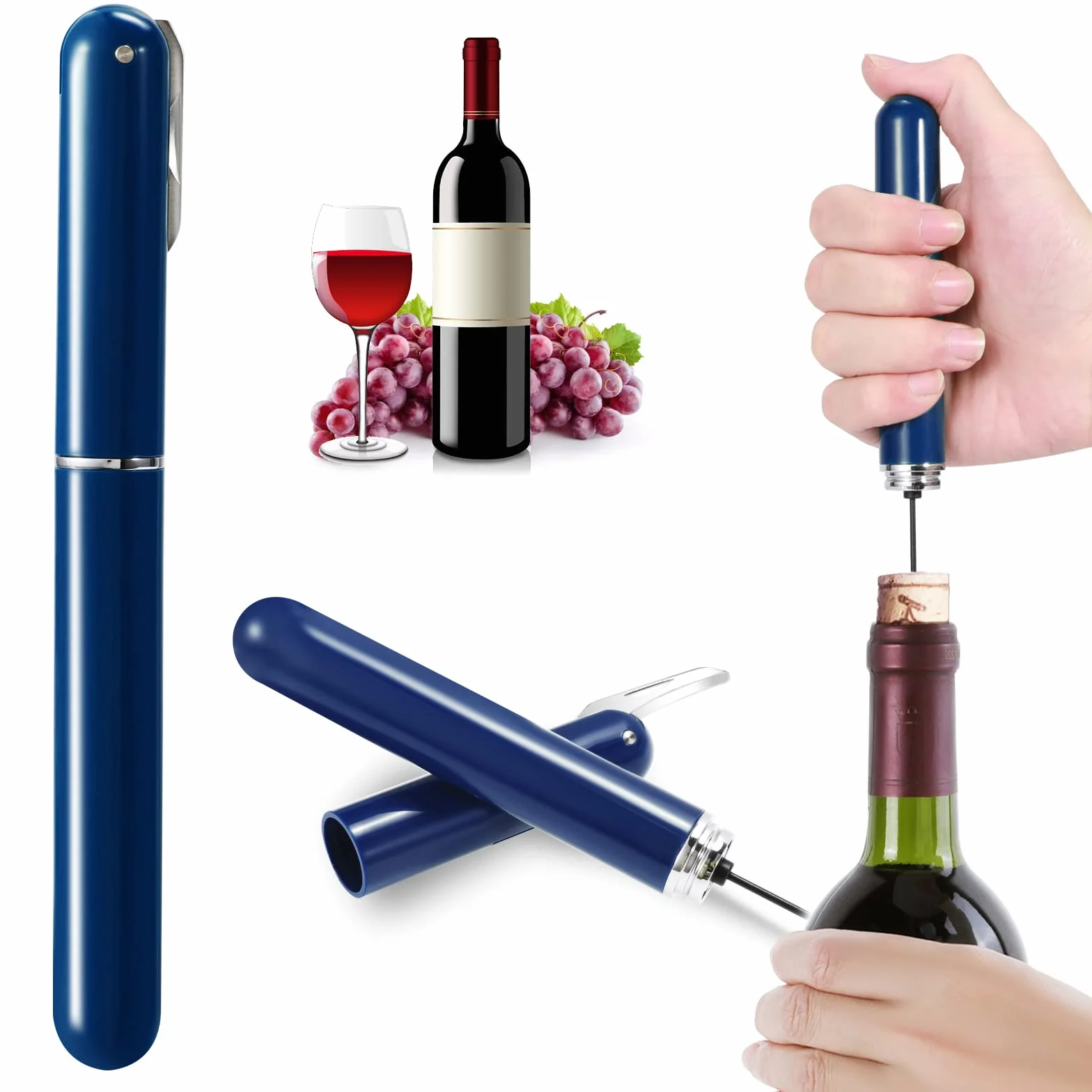 Apribottiglie per vino con pompa ad aria compressa, design 2 in 1, 7S, apertura rapida, apribottiglie a pressione con tagliacapsule, ottimo regalo per gli amanti del vino, blu