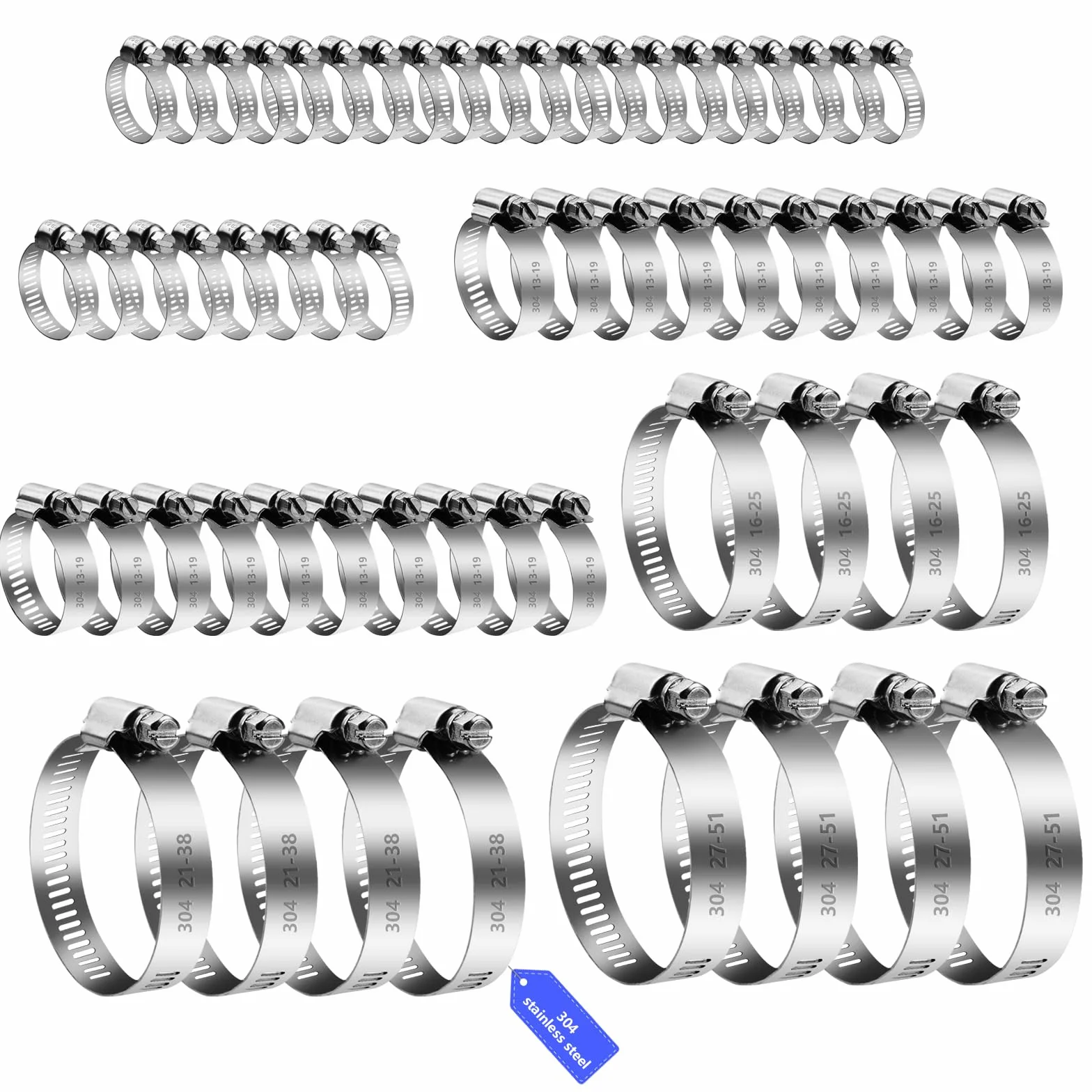 60 Pezzi Fascette Stringitubo Set, Fascetta Stringitubo Regolabile 6-51mm Metalliche, Fascette a Vite in Acciaio Inox, per Lavatrice, Tubi Piscina, Giardino, Tubi Gas, Acqua, Auto