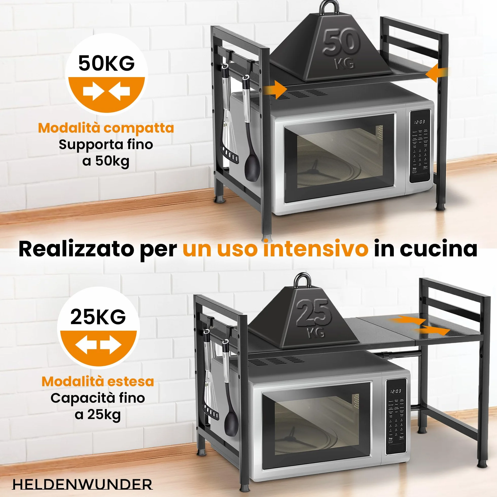 Heldenwunder Mensola MobileCucina Salvaspazio Acciaio (2 Ripiani) | Organizer Forno Mobiletto Scaffali | Supporto Microonde Regolabile + Video Guida, Ganci – Nero