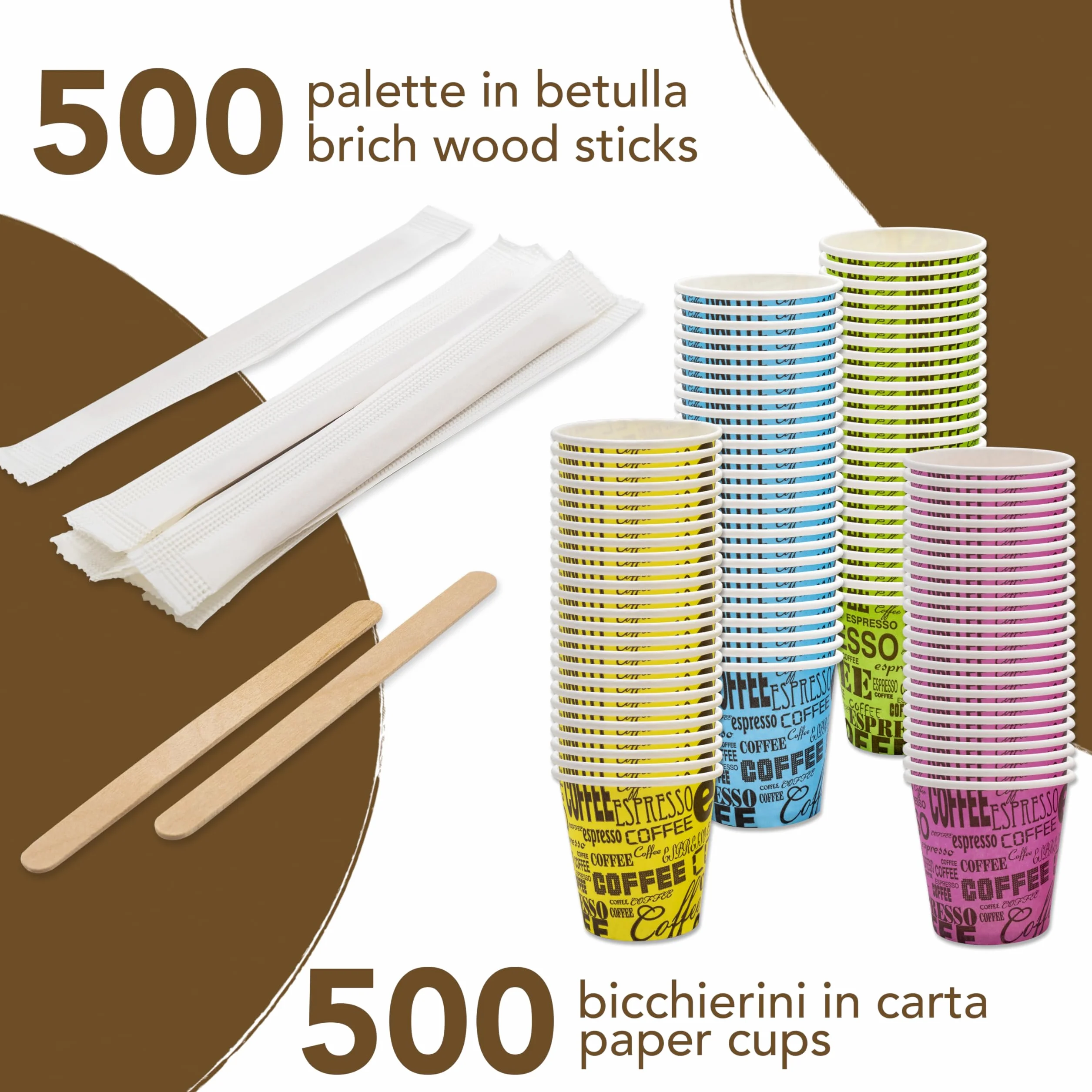 Bicchierini Caffè 75 ml 2,5 oz Carta Colorati Usa e Getta Riciclabili Set 500 + 500 Palette