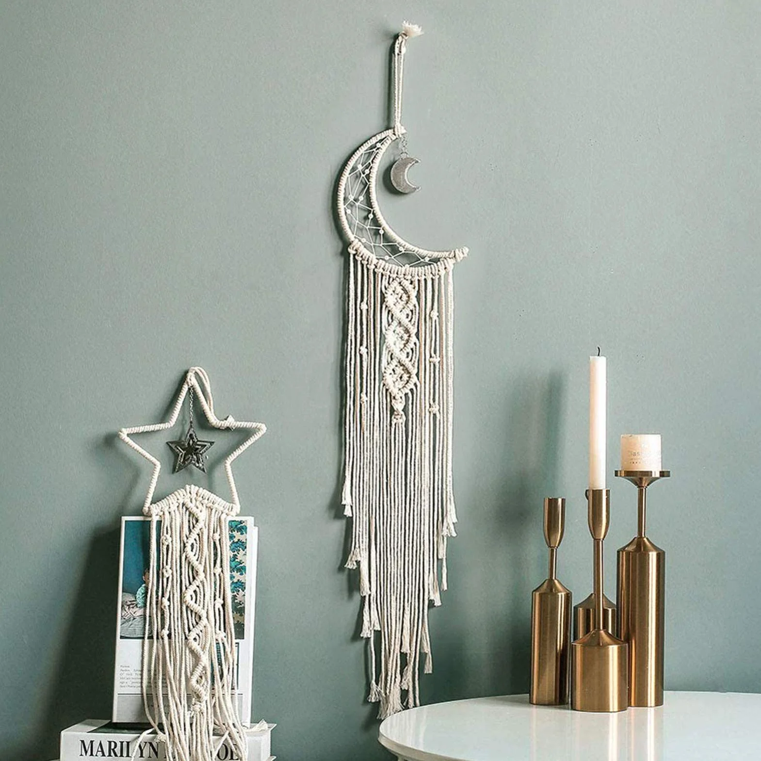 Tarklanda Acchiappasogni Macrame con LED String Light Boho Decorazioni Fatti a Mano Dreamcatcher Parete Luna Stella Regalo Camera Letto Ragazza