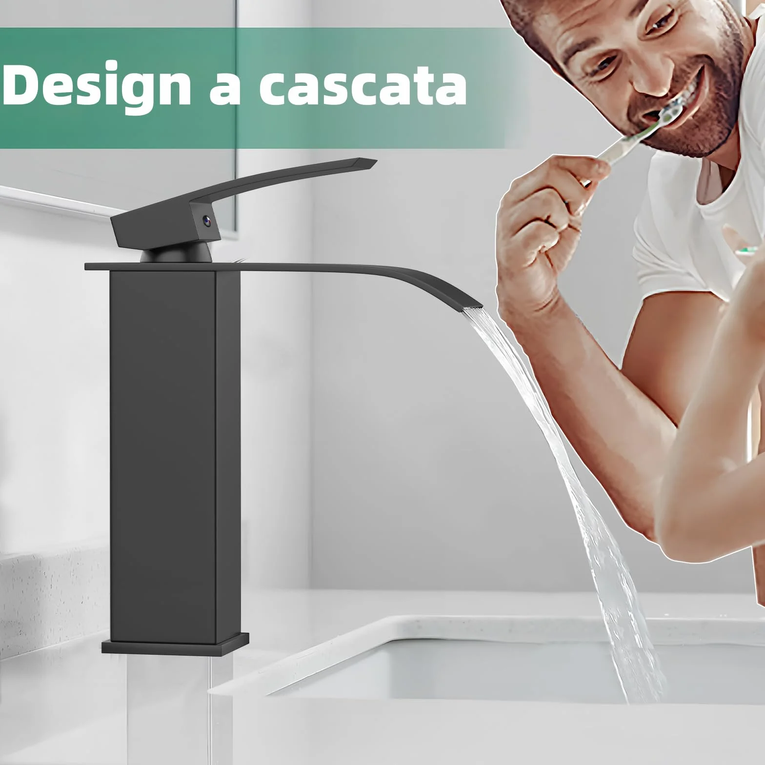 VOLTIX Rubinetto per Bagno a Cascata - Miscelatore Monocomando per Lavabo con Risparmio Idrico - Regolabile per Acqua Calda e Fredda - Rubinetto Lavabo Moderno Design Elegante per Bagno (Nero/Alto)
