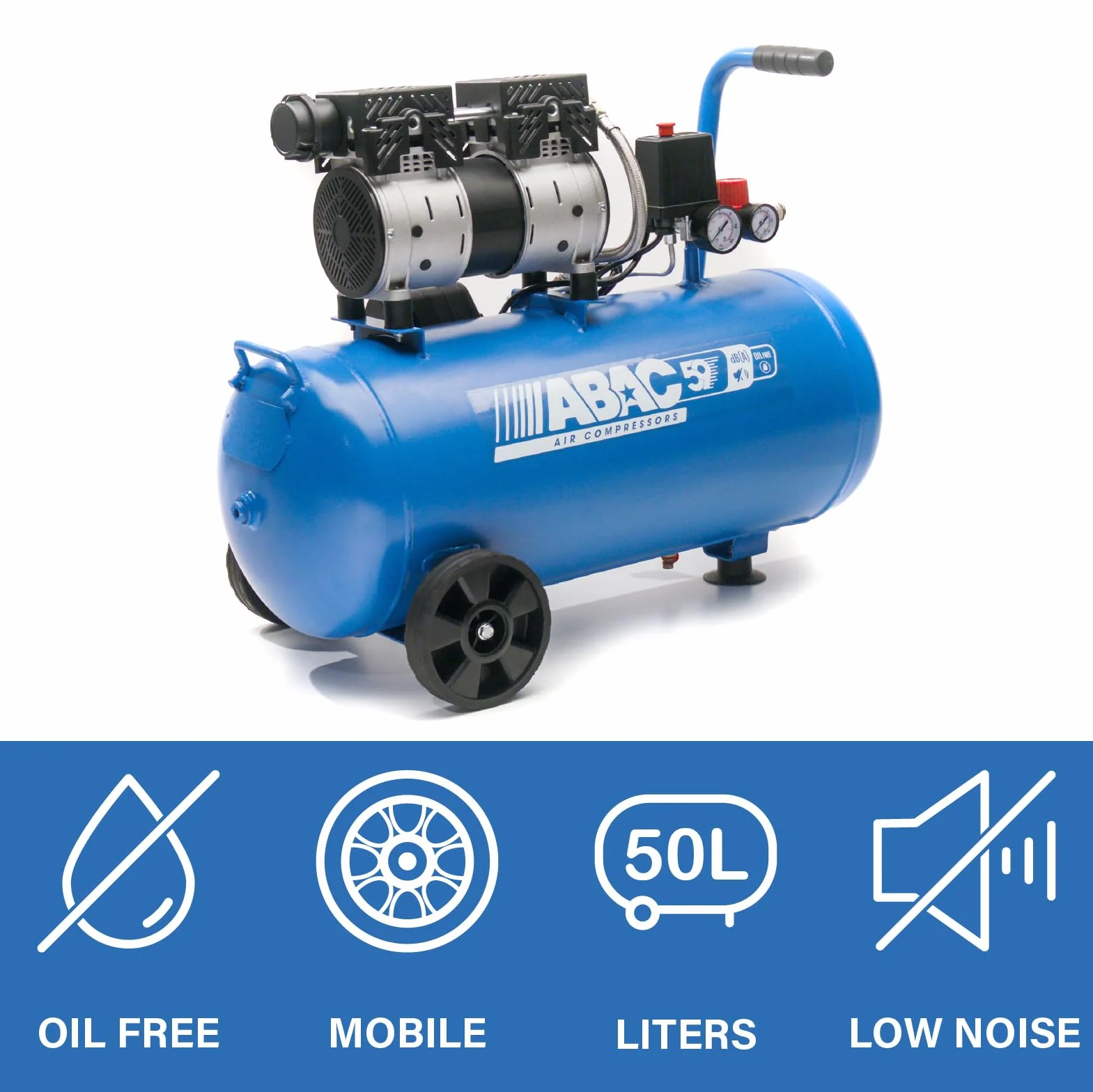 ABAC Compressore d'Aria Silenzioso EASE-AIR 50, Compressore Aria Oil-Free, Pressione Massima 8 Bar, Potenza 1 Hp, Serbatoio 50 Litri, Rumorosità 59 dB