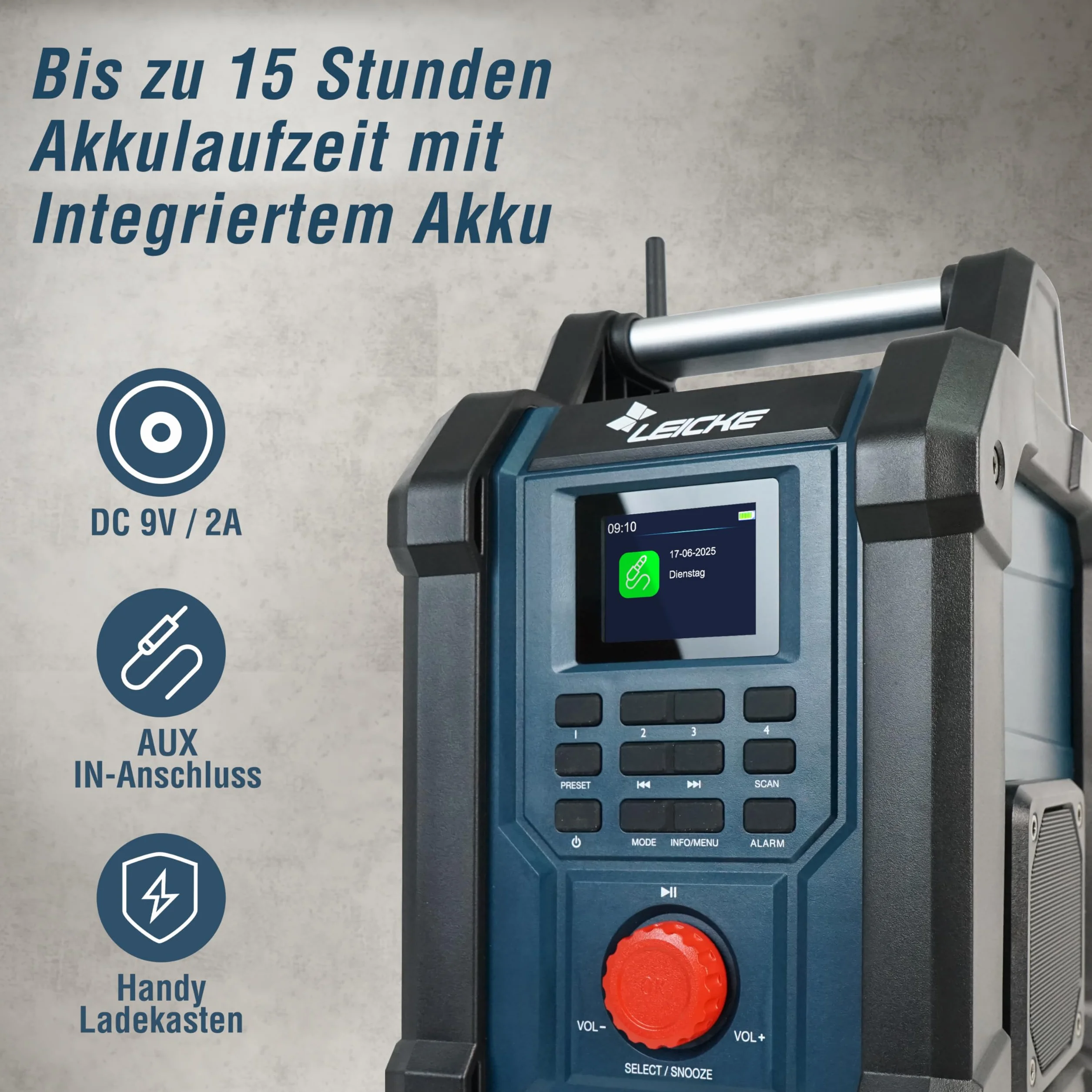 LEICKE Radio da cantiere DAB/DAB+/FM con Bluetooth, batteria 4000 mAh e caricabatterie inclusi, 2 altoparlanti da 15W e display LCD da 2,4 pollici