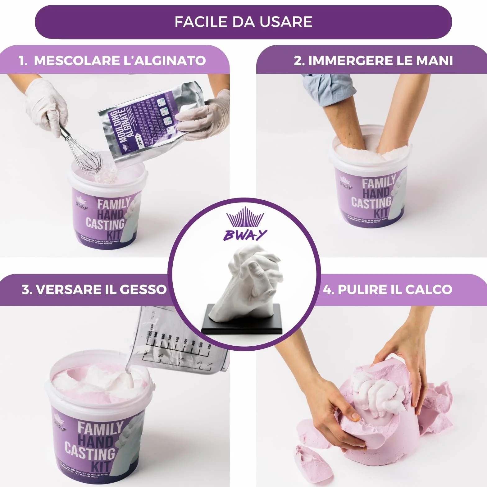BWAY Calco Mani Coppia - Regali Natale Originali - Calco Mani con Gesso per Stampi e Alginato - Idee Regalo per Coppie, Fidanzati e Famiglie - Regalo per San Valentino e Anniversari