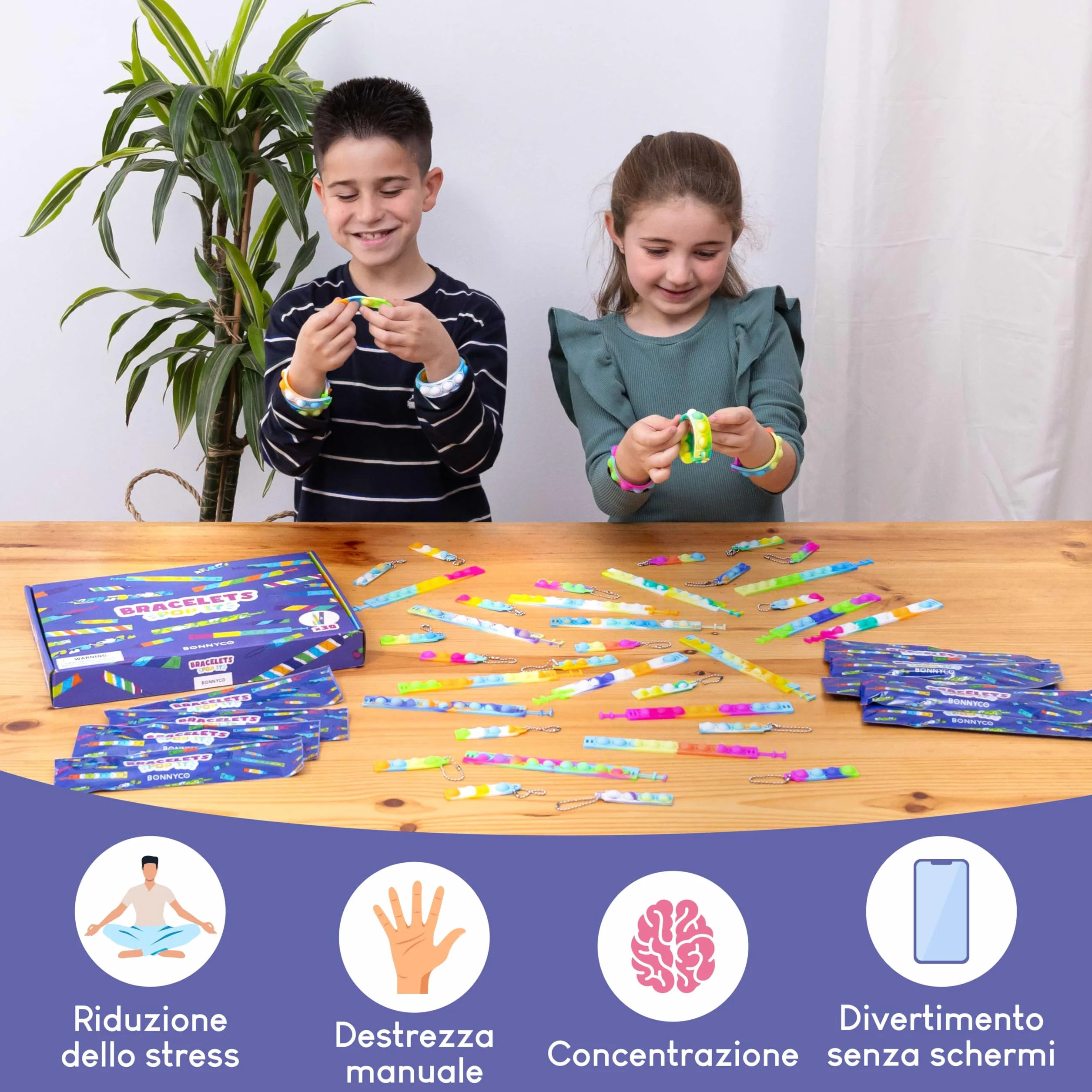 BONNYCO Braccialetti e Portachiavi Pop It, 30 Pezzi Regalini Fine Festa Bambini Fidget Toys