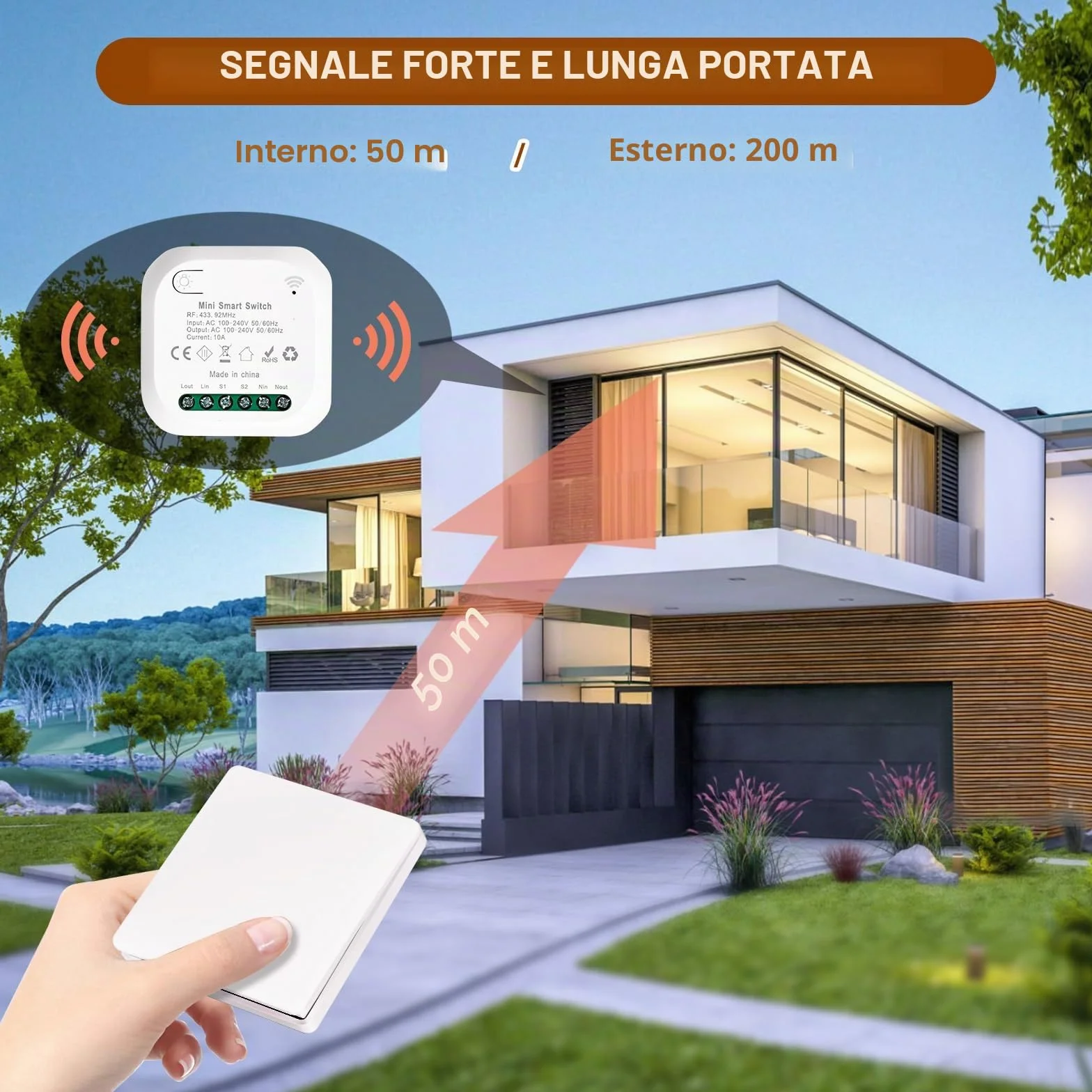 Interruttore Wireless 230v, Interruttore Senza Fili Kinetic Senza Batteria, Accensione Luci a Distanza Impermeabile, Wireless Switch Nessun Cablaggio Richiesto (1 ricevitore, 1 interruttori)