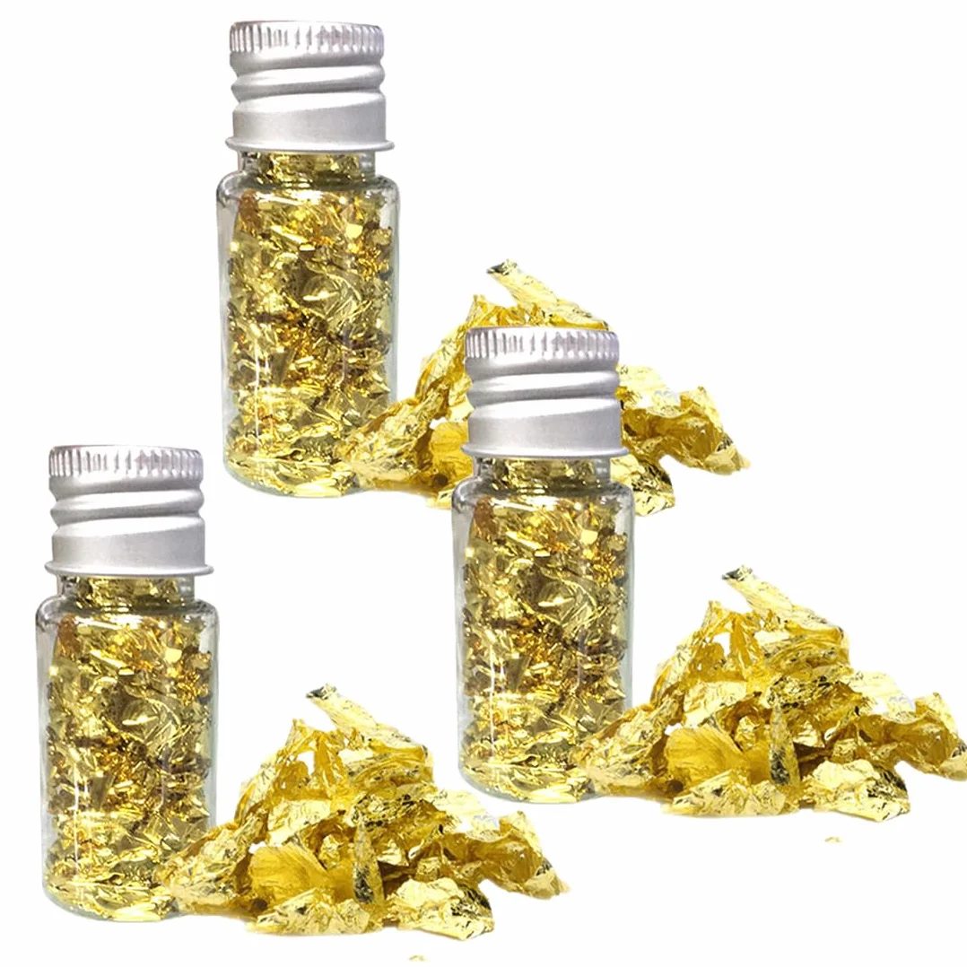 3 Bottiglie Oro Commestibile Oro Alimentare Scaglie di Foglia d'oro Raffinata Perfette per la Decorazione di Torta Dessert Alimentari Vino Bevande Maschere Manicure