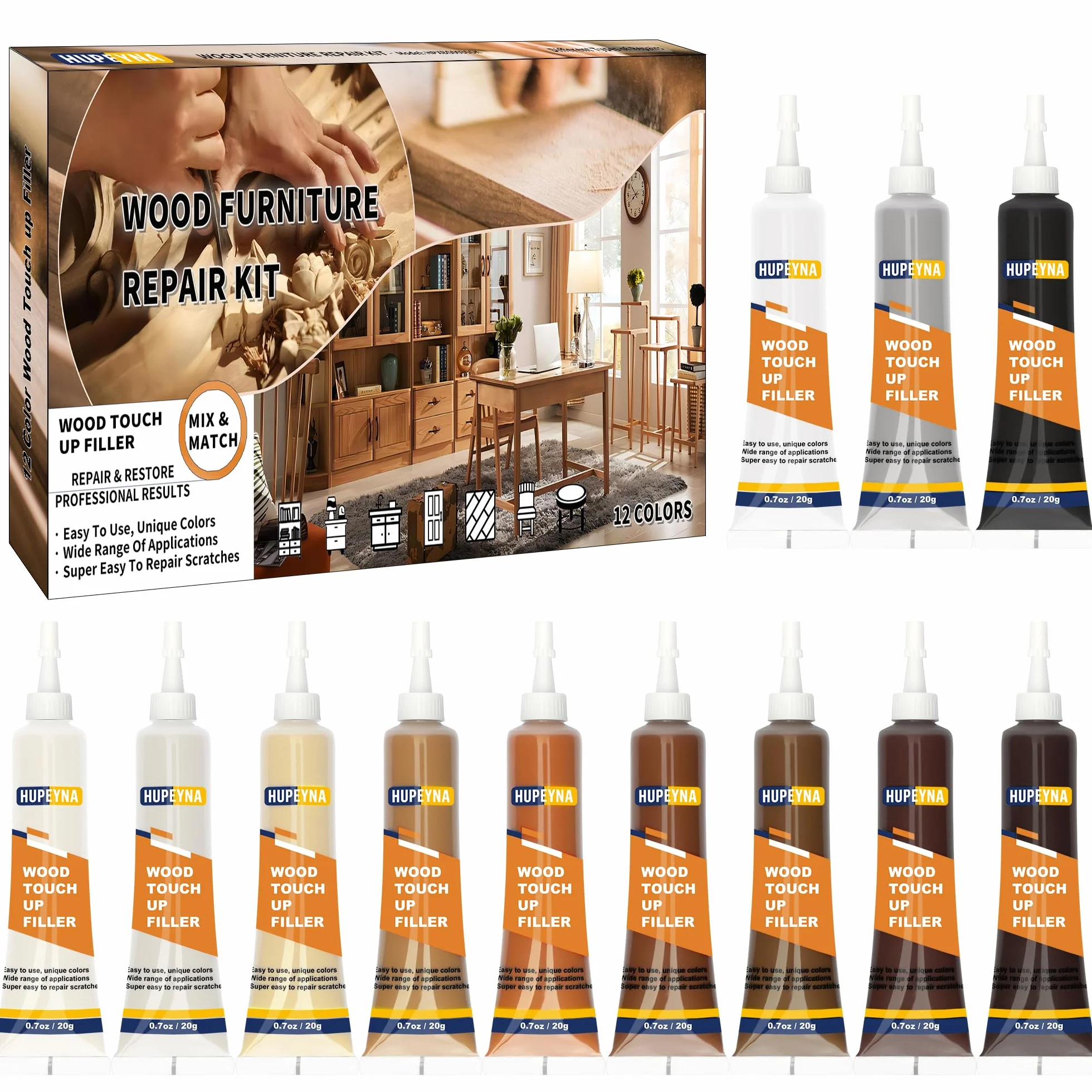 Kit Riparazione Legno, 12 Colori Stucco per Legno, Kit di Riparazione per Mobili, Riparazione di Graffi, Crepe, Scolorimento per Mobili in Legno, Porte, Armadietti, Pavimenti, Tavoli, Ritocco Legno