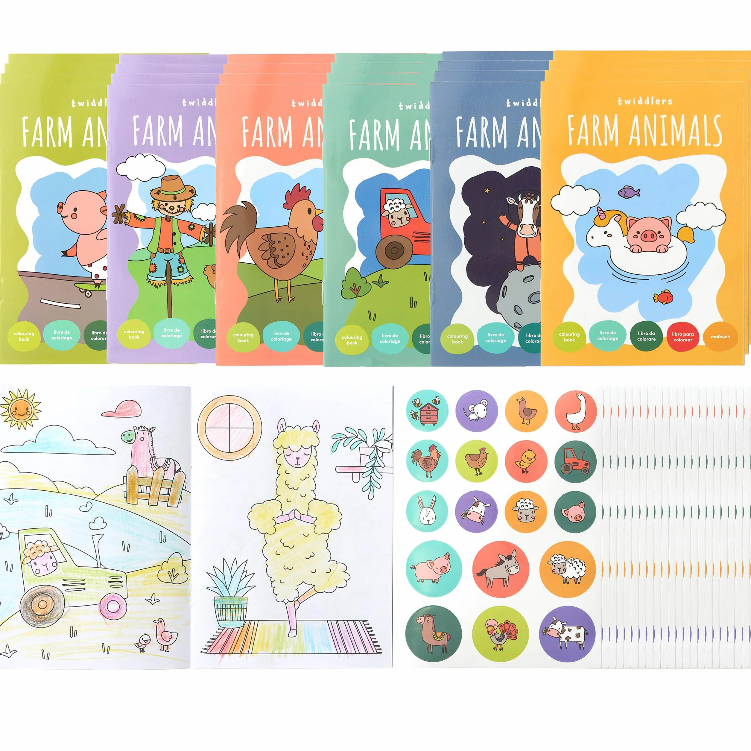 THE TWIDDLERS 24 Mini Libri da Colorare per Bambini A6 Animali della Fattoria con Adesivi