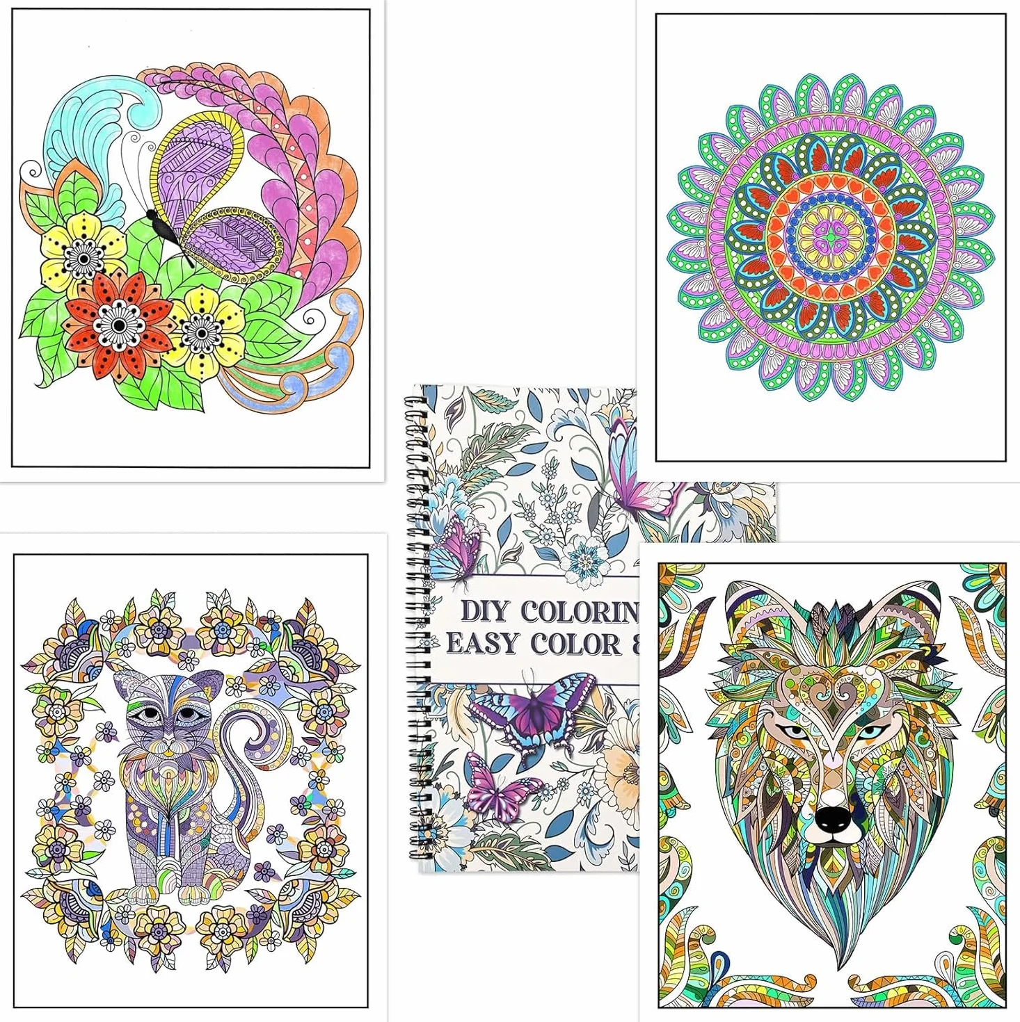 Zylota Set di libri da colorare per adulti con 36 pennarelli colorati, libri da colorare rilegati a spirale con mandala fiori animali per donne adulte rilassamento e sollievo dall'ansia