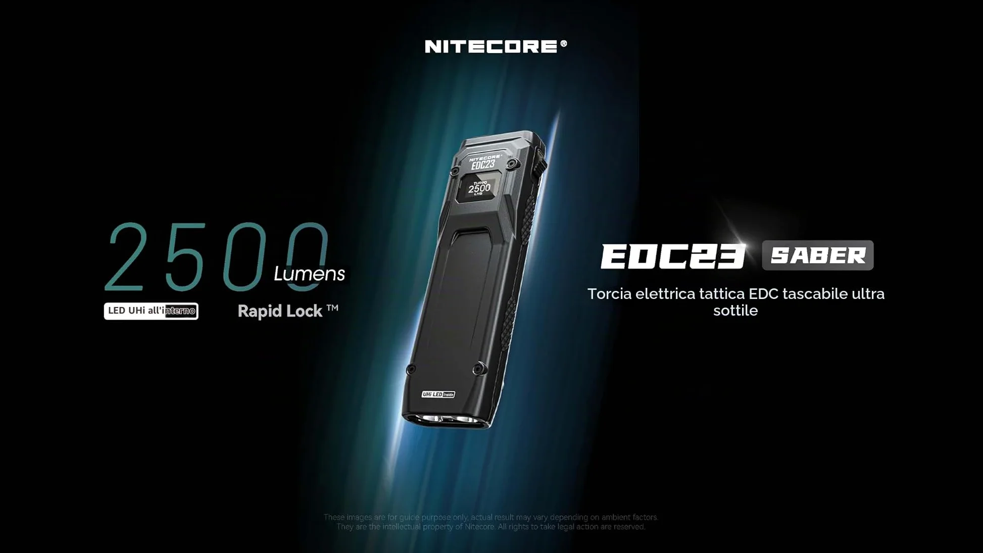 Nitecore Torcia EDC23 LED, 2500 lumen, ricaricabile, forma piatta, luce portatile, display OLED, interruttore blocco meccanico