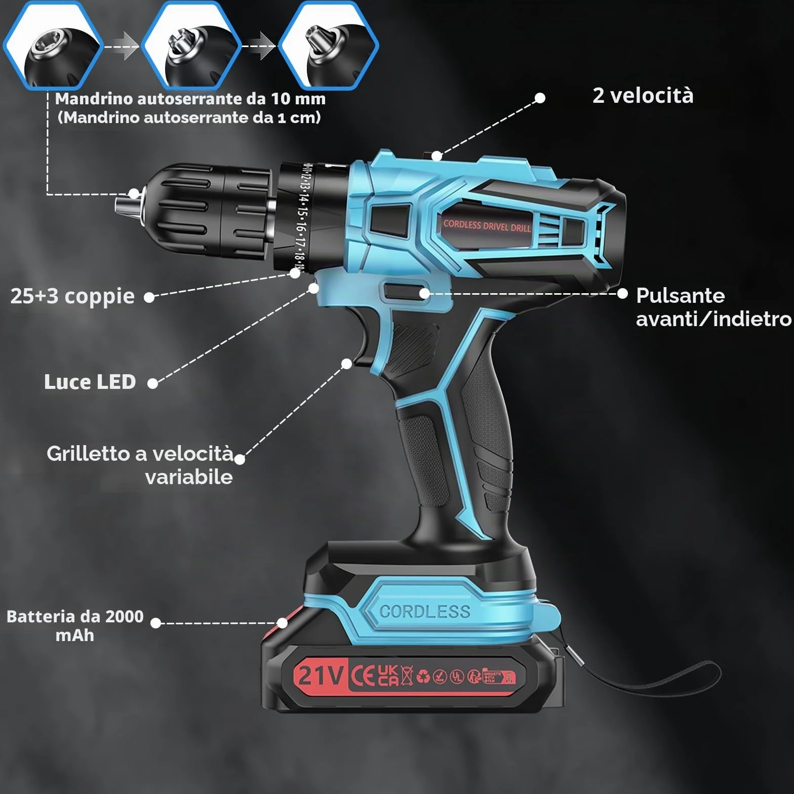 ENRIPRT Trapano Avvitatore Batteria 21V, 45Nm Max Avvitatore Batteria con 2 Batterie 2.0Ah, 25+3 Impostazione Coppia,2 Velocità,LED Luce, Avvitatore Elettrico per Riparazione, Fai da te
