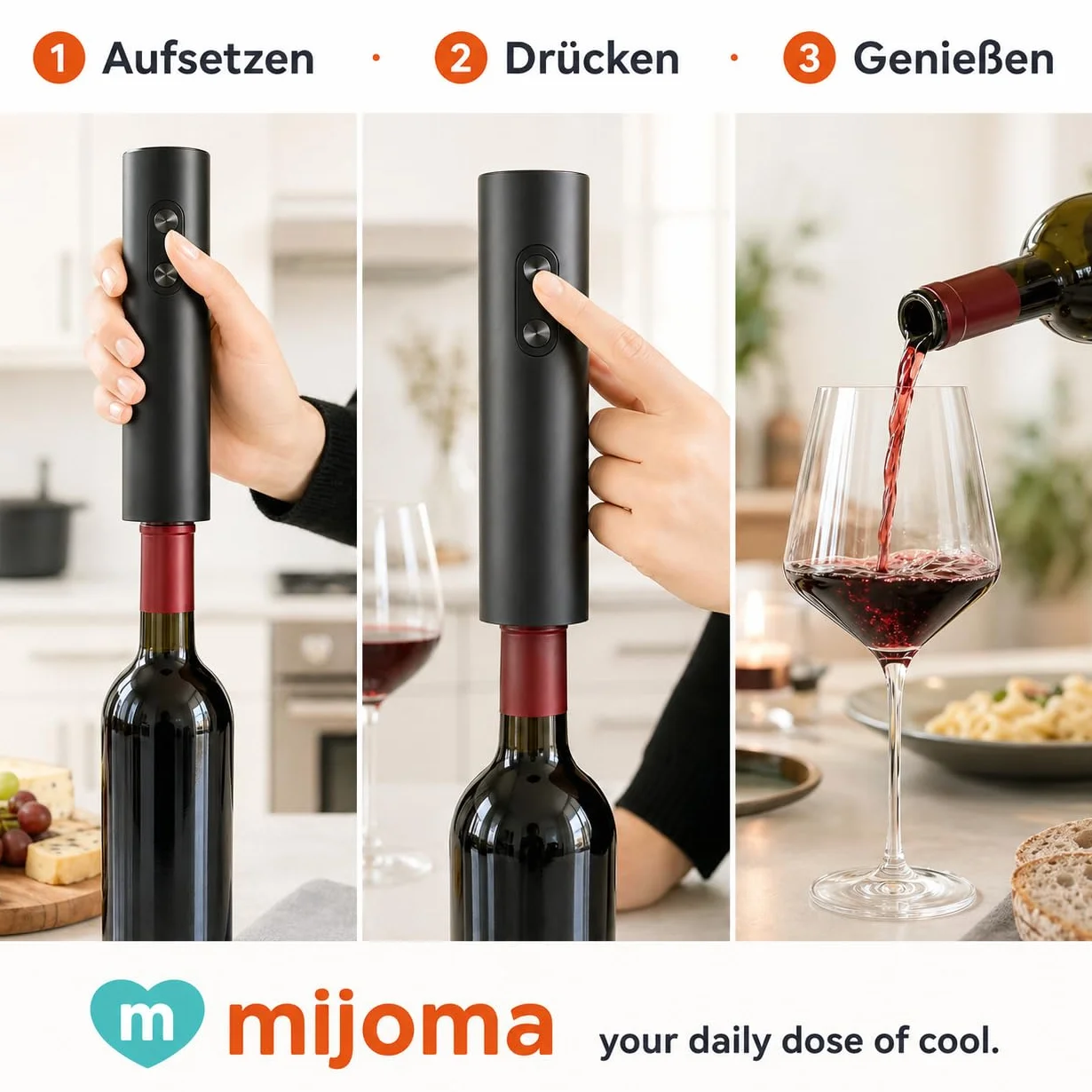 MIJOMA Apribottiglie elettrico nero - Cavatappi automatico in ABS per bottiglie di vino, cene, bar e cucina