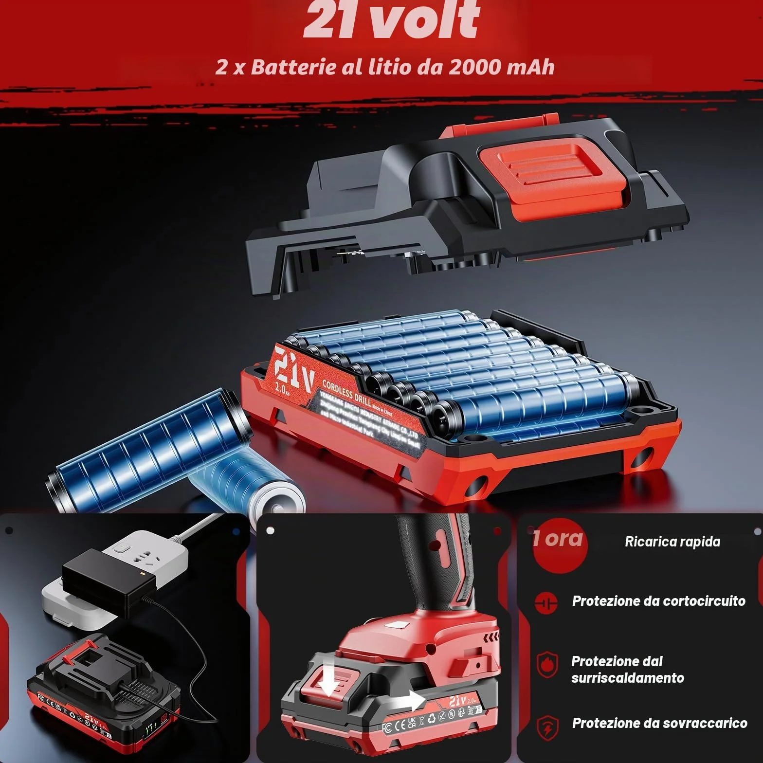 Trapano Avvitatore Batteria 21V, con Batterie 2×2000mAh, coppia 45 Nm, max 25 + 3 livelli di coppia (2 marce e LED), per casa e giardino fai da te, (2 Batteria)