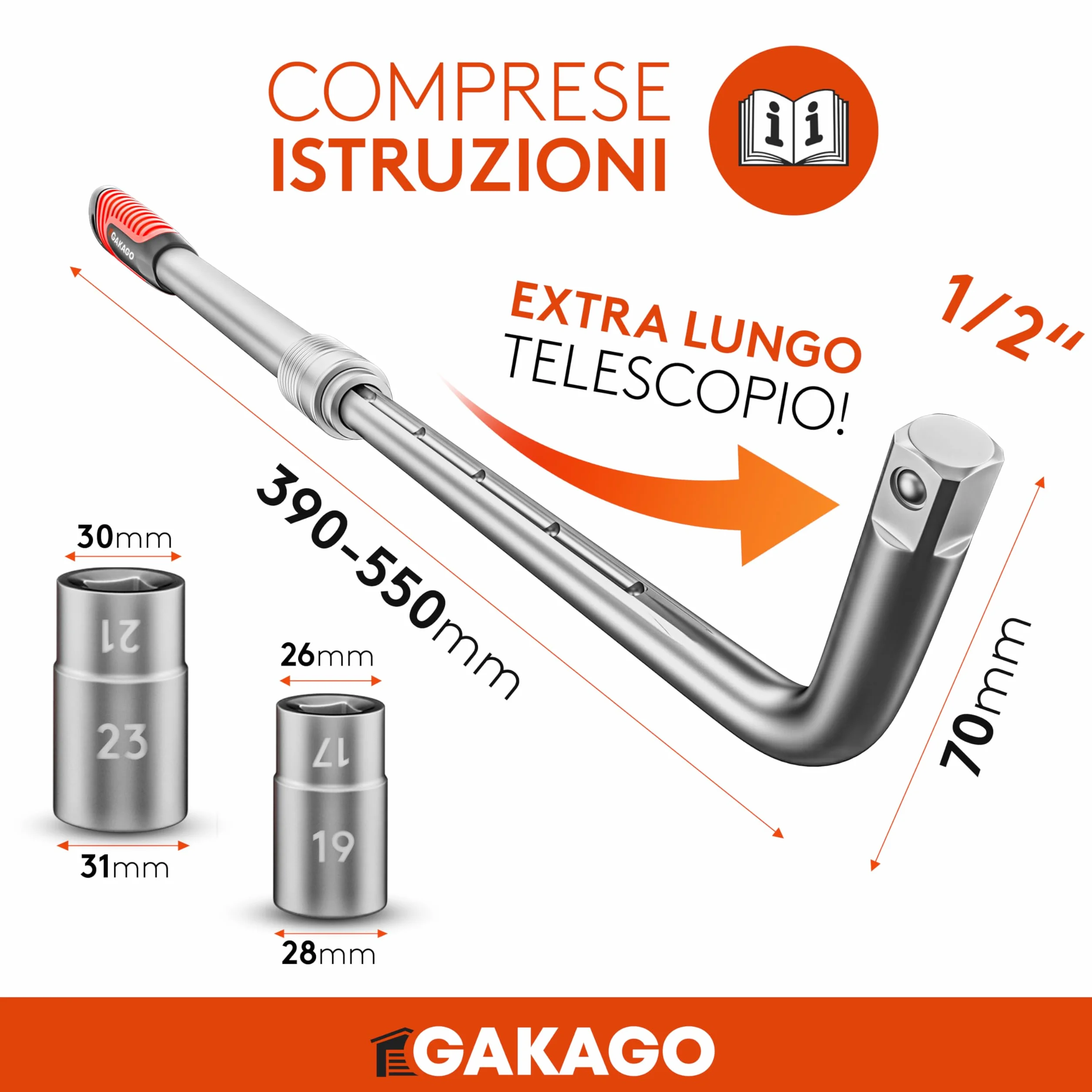 Set di chiavi telescopiche per dadi ruota 17/19 mm e 21/23 mm 1/2 pollice - Chiave ruota allungabile extra lunga con borsa