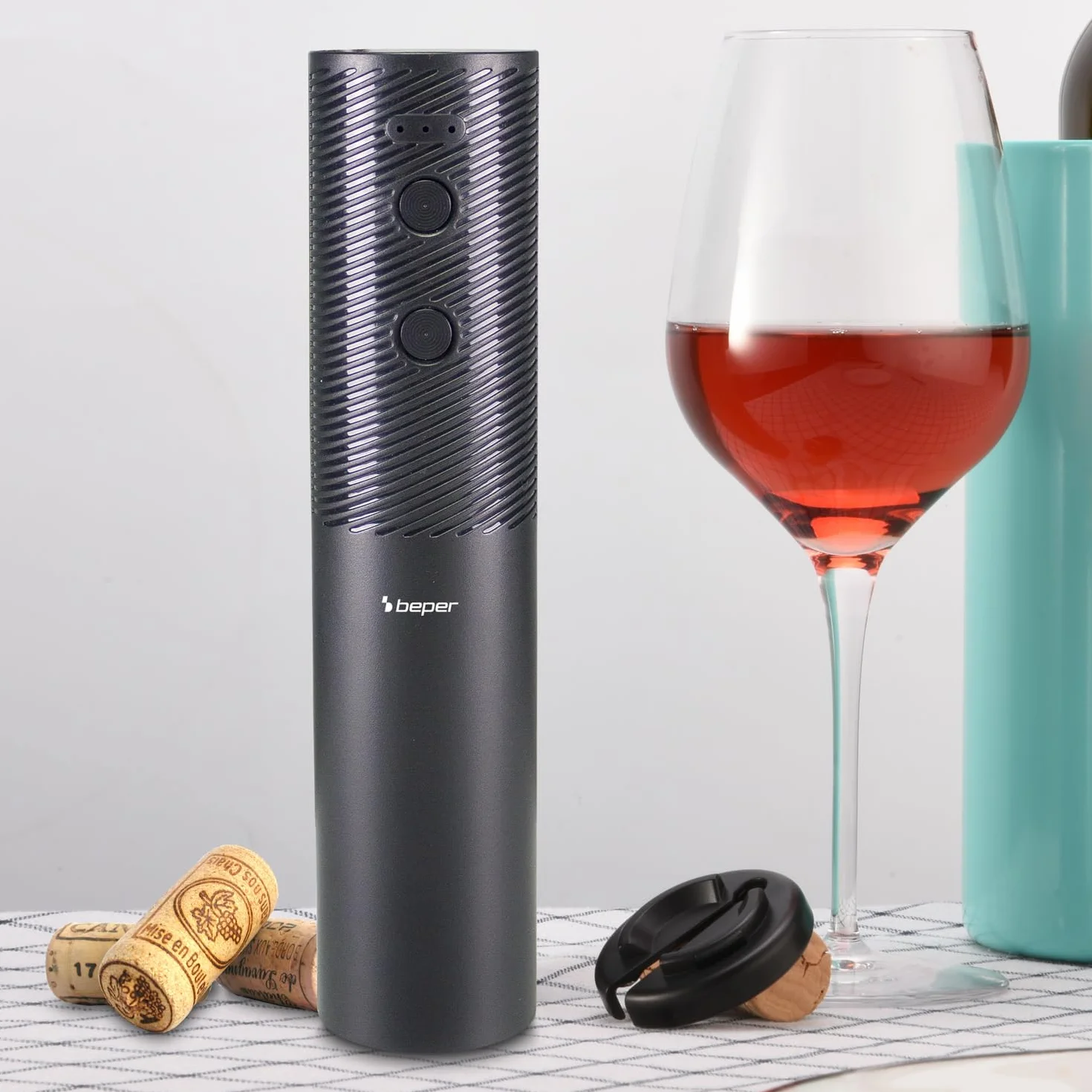 BEPER P102ACP103 Cavatappi Elettrico Ricaricabile USB, Apribottiglie Vino, Con Taglia Capsule, Per Tappi in Sughero e Sintetici