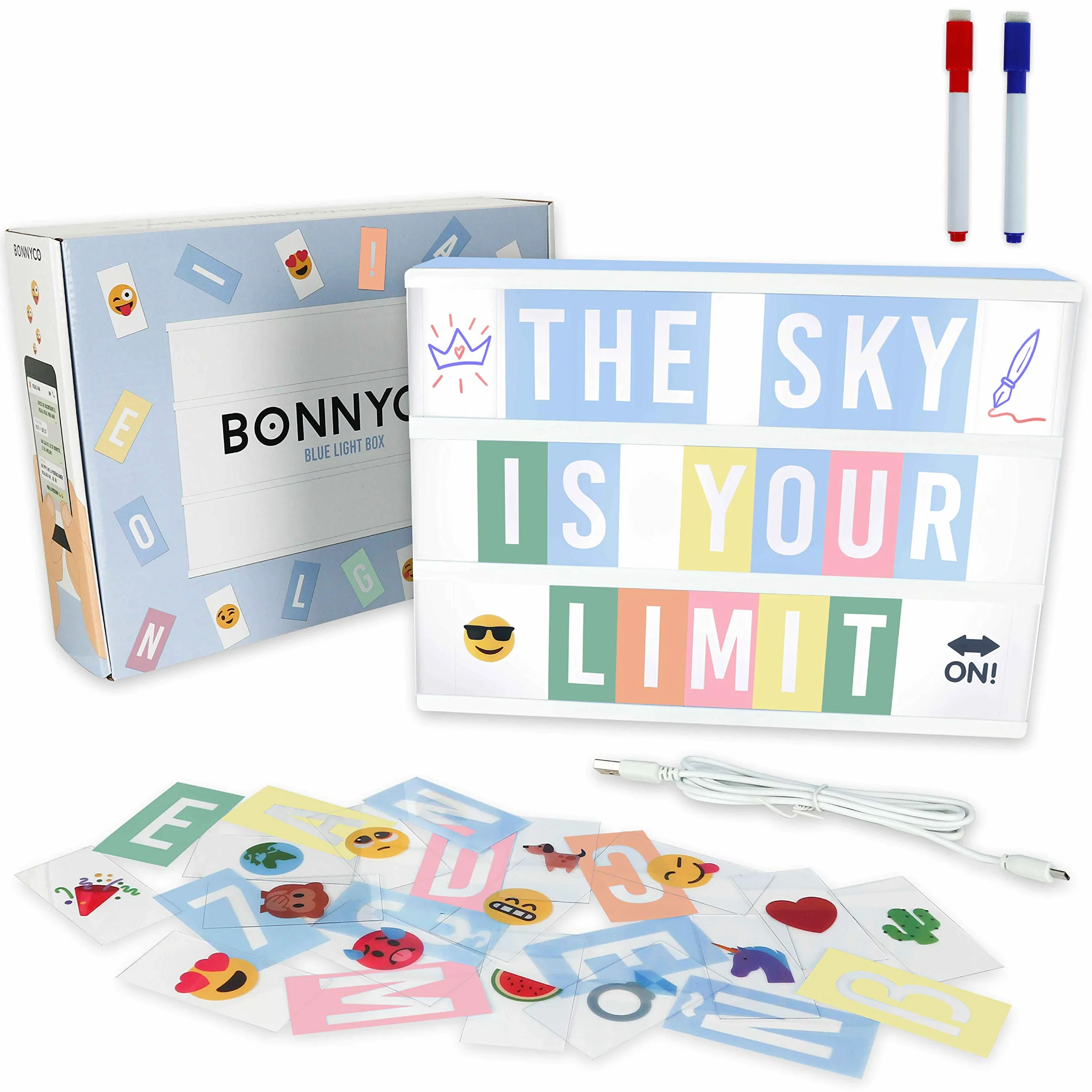 BONNYCO Light Box Blu con 400 Lettere ed Emoji, 2 Pennarelli. Lavagna Luminosa con Lettere, Idee Regalo Bambini per Compleanno e Natale. Scritte Luminose per Decorazioni Camera Ragazzo e Bambino