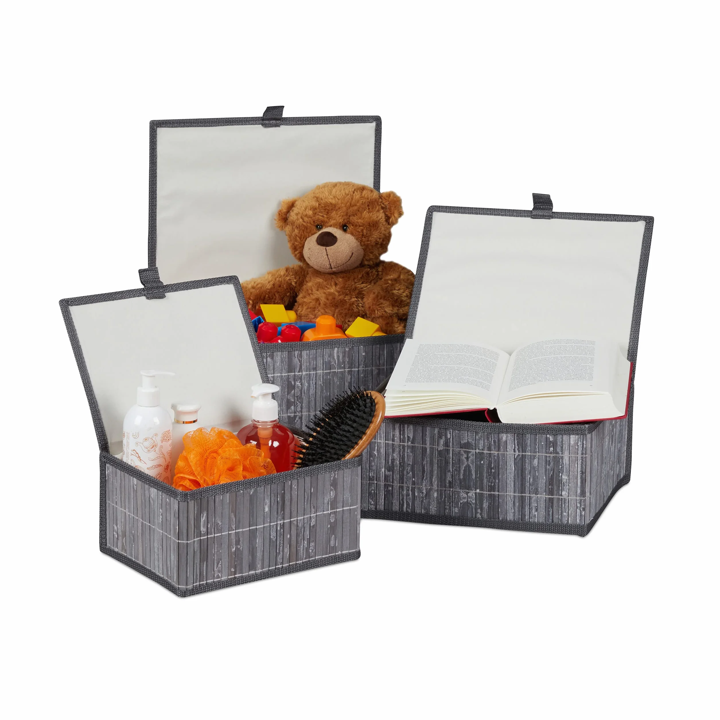 Relaxdays Set da 3 Cesti Portaoggetti, Coperchio & Chiusura a Strappo, Cestino Contenitore in bambù, Grigio