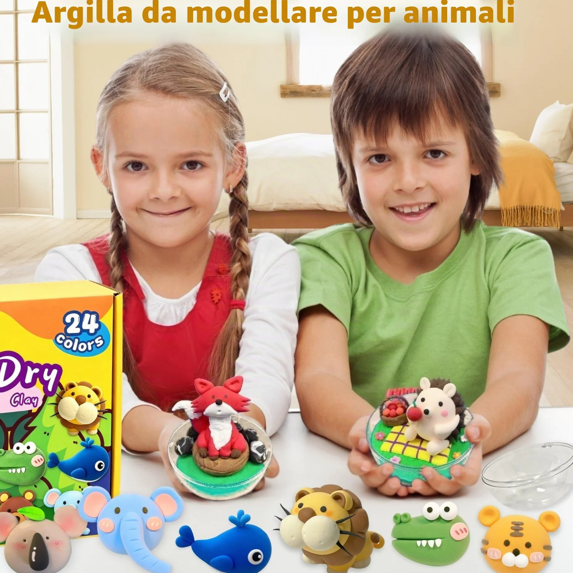 Kit di Argilla ad Asciugatura all'Aria, 24 Colori di Plastilina con 5 Strumenti, 4 Palline Riempibili, Catene a Sfere e Tutorial, Argilla da Modellare in Plastilina, Regalo Fai da Te per Ragazzi e