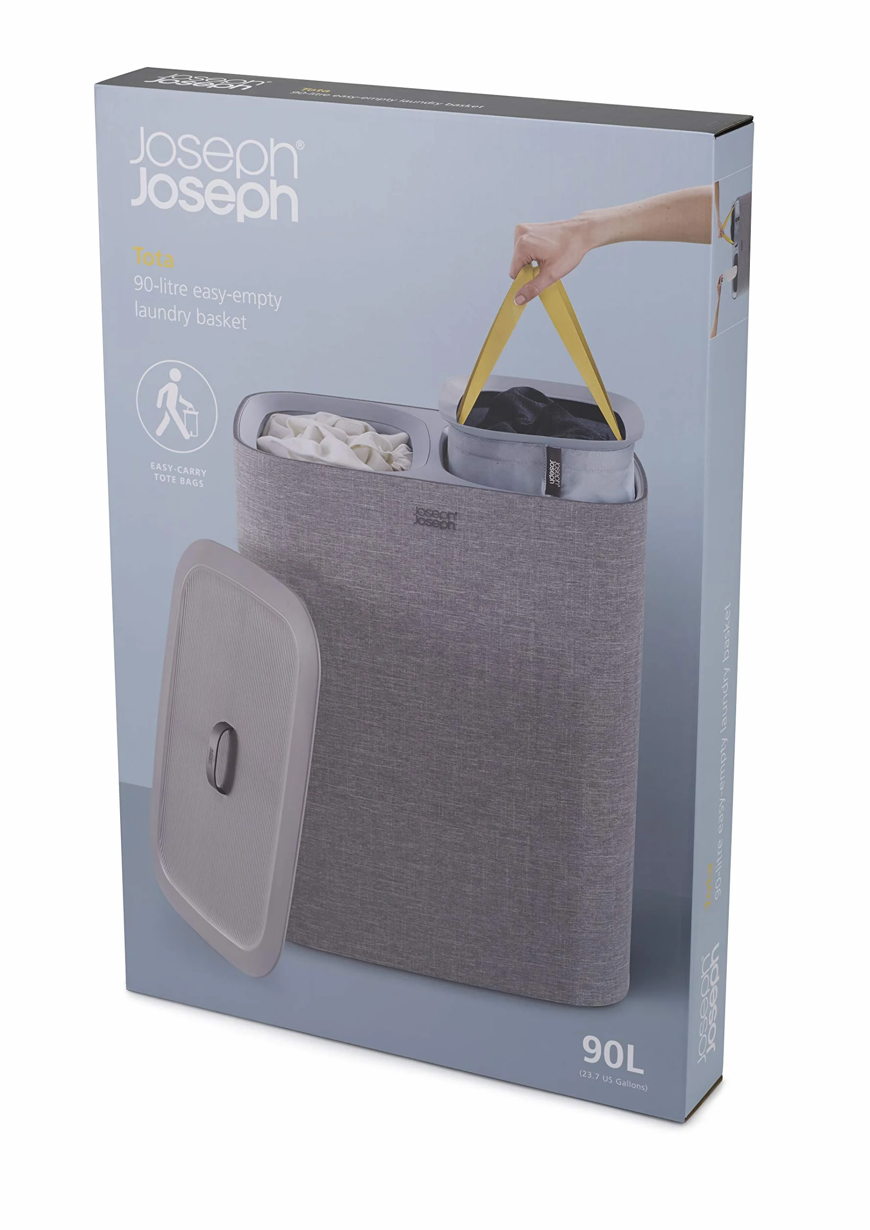 Joseph Joseph Tota Cesto da Biancheria per panni sporchi con separatore da 90 litri, 2 sacchi per il lavaggio rimovibili con maniglie, Grigio