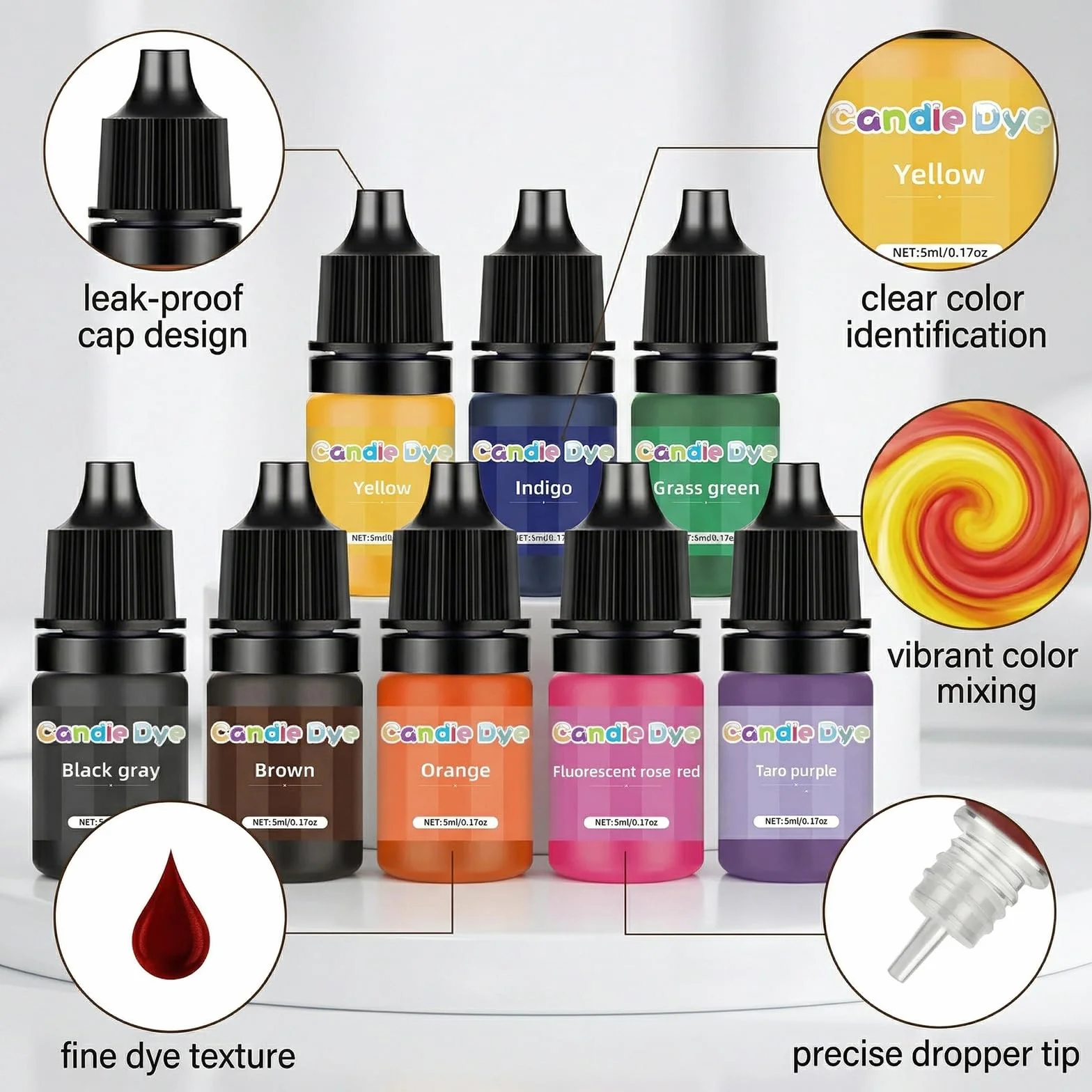 Set 9 Colori Pigmenti Liquidi per Candele Fai-da-Te (5ml), Coloranti Altamente Concentrati per Cera di Soia, Api, Palma e Gel, Mix di Tinte Classiche e Fluorescent