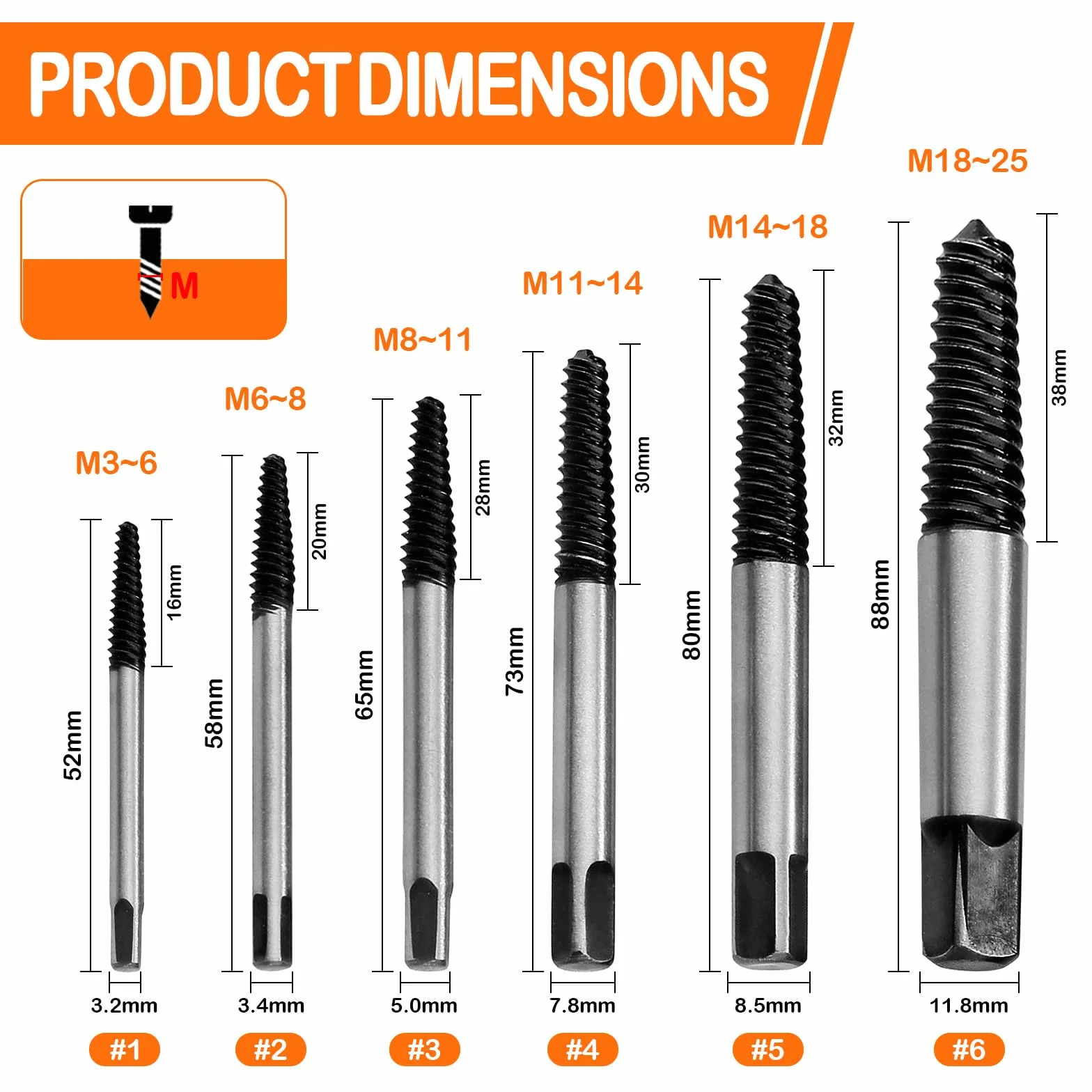 6 Pezzi Estrattore di Viti Kit 3mm-19mm, Estrattore Viti Danneggiate, Estrattori Per Viti Spanate, Estrattore Vite Danneggiata, Rotte Strumento di Rimozione Facile per per Bullone per Viti