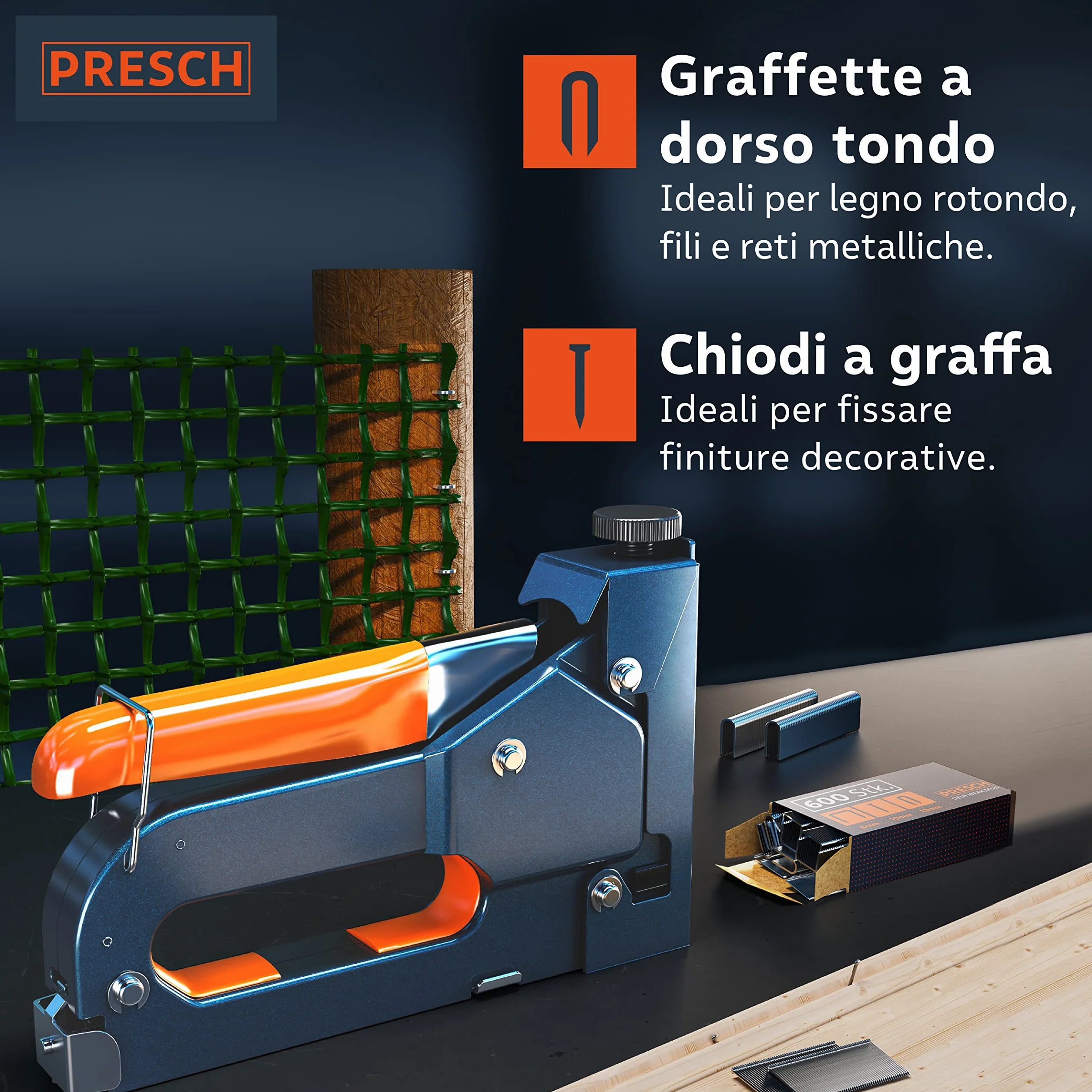 Presch Set Graffatrice Manuale 600 pz. - Fissatrice manuale con 600 graffette per legno, tessuto, mobili e cartone catramato - Attrezzo professionale