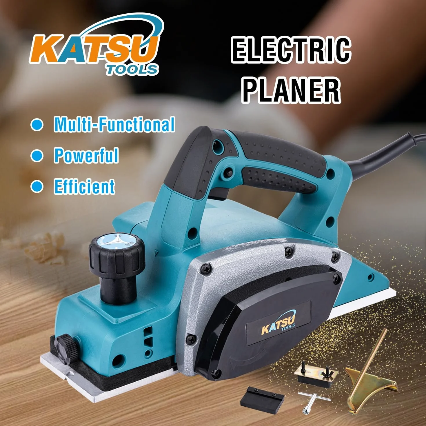 KATSU Tools Pialla elettrica 600W, pialla per legno portatile con cavo, larghezza di piallatura 82 mm, profondità di truciolo 2 mm, per la lavorazione del legno, porte e mobili per casa 101719