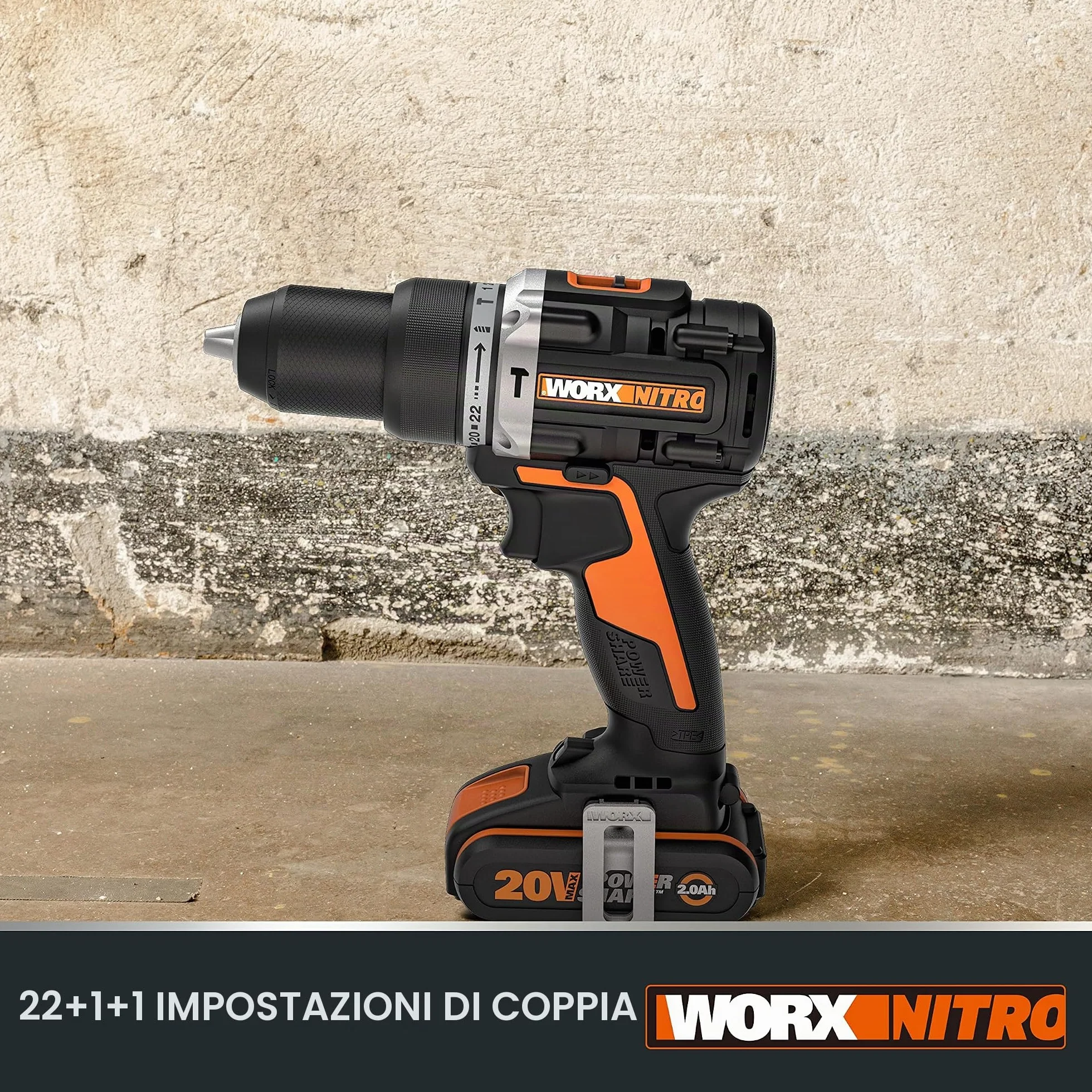 Trapano a Percussione senza Fili WORX NITRO 18 V (20 V MAX) WX352.4, PowerShare, Motore Brushless, 60 Nm, Controllo della Velocità Variabile, Luce LED, Set di Accessori da 75 pezzi, 2 Batterie 2,0 Ah