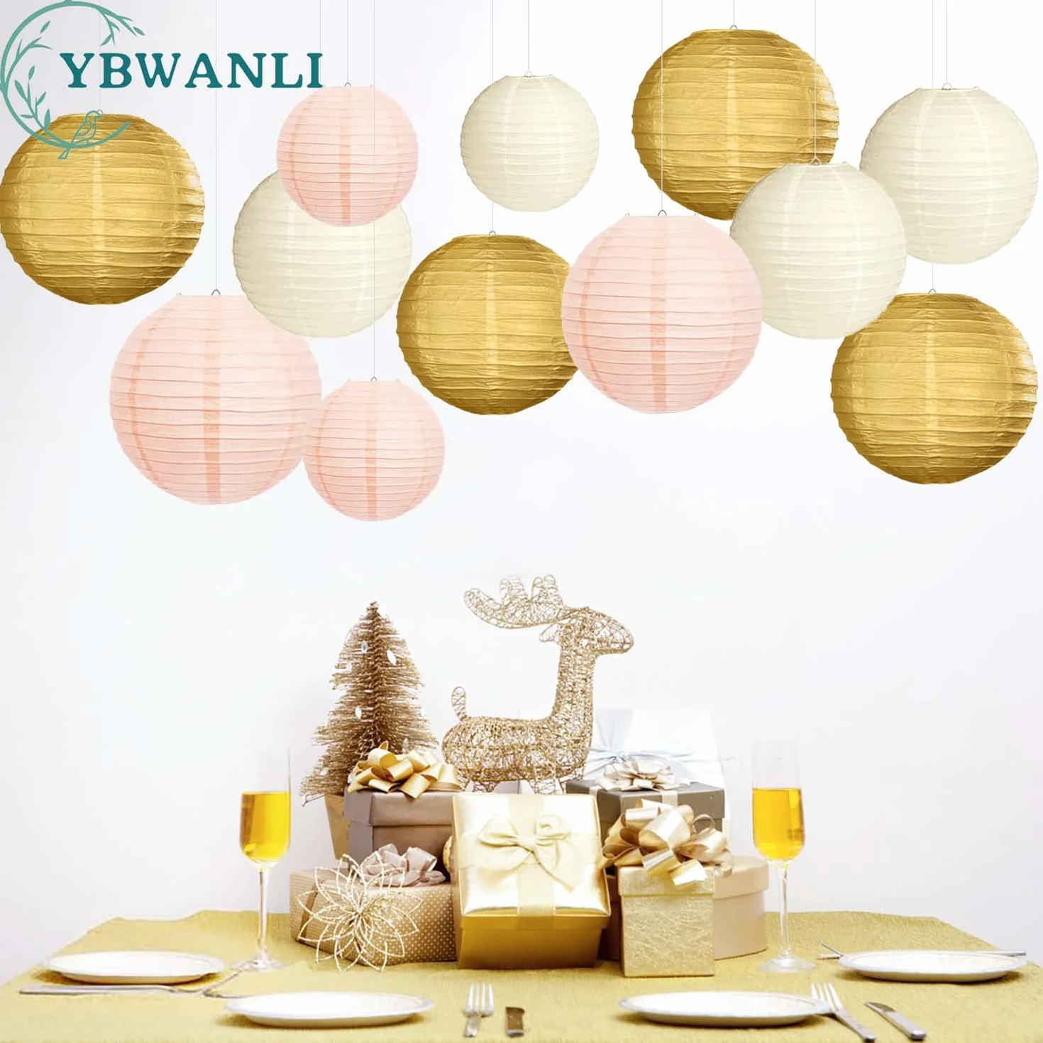 Lanterne di carta cinesi mongolfiera oro bianco avorio rosa set 12 pezzi decorazioni da appendere giardino festa compleanno