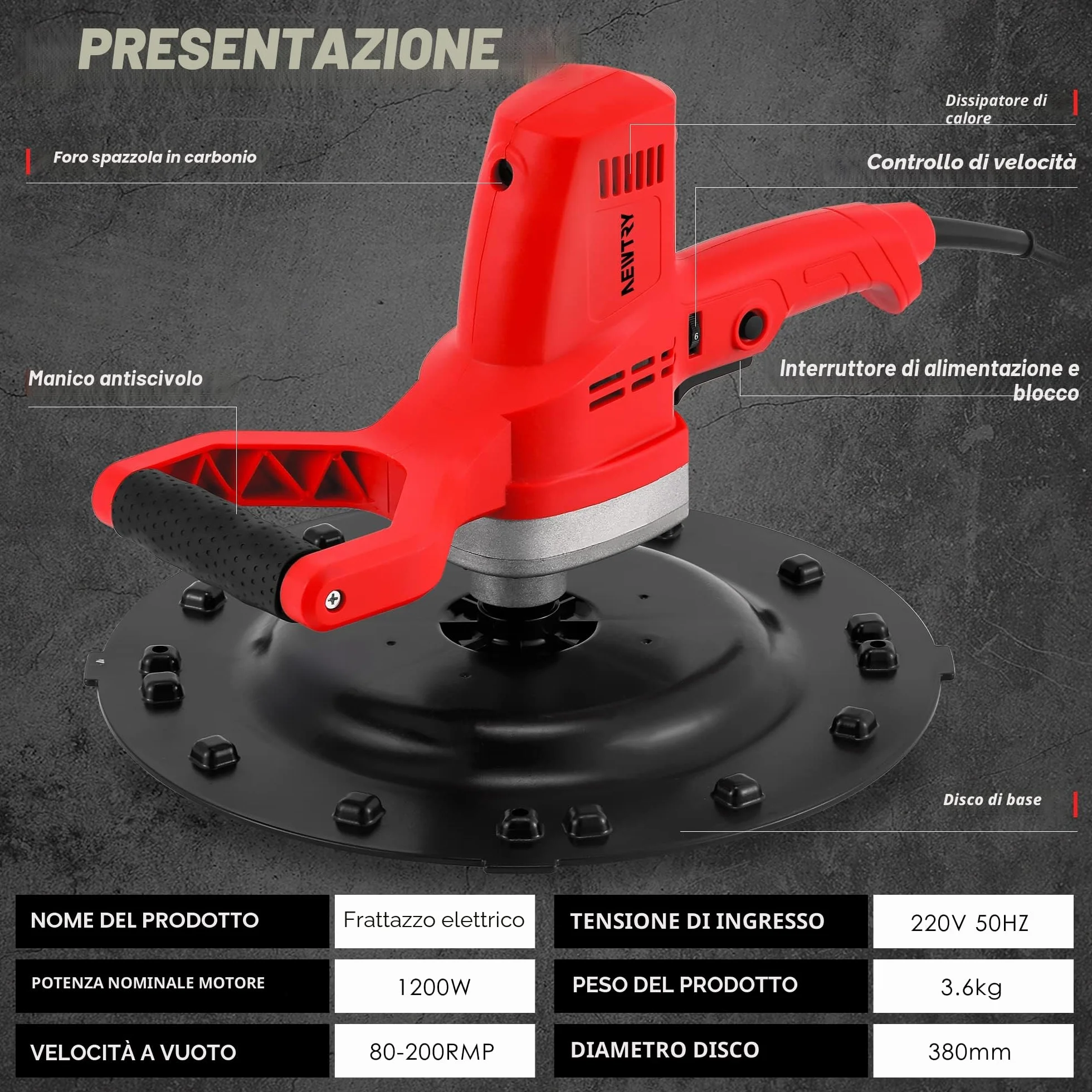 NEWTRY Frattazzatrice elettrica per malta da muratore, Cazzuola lisciante per intonaco portatile per rifiniture murali, con dischi di ricambio in carta vetrata spugnosa 220V CE