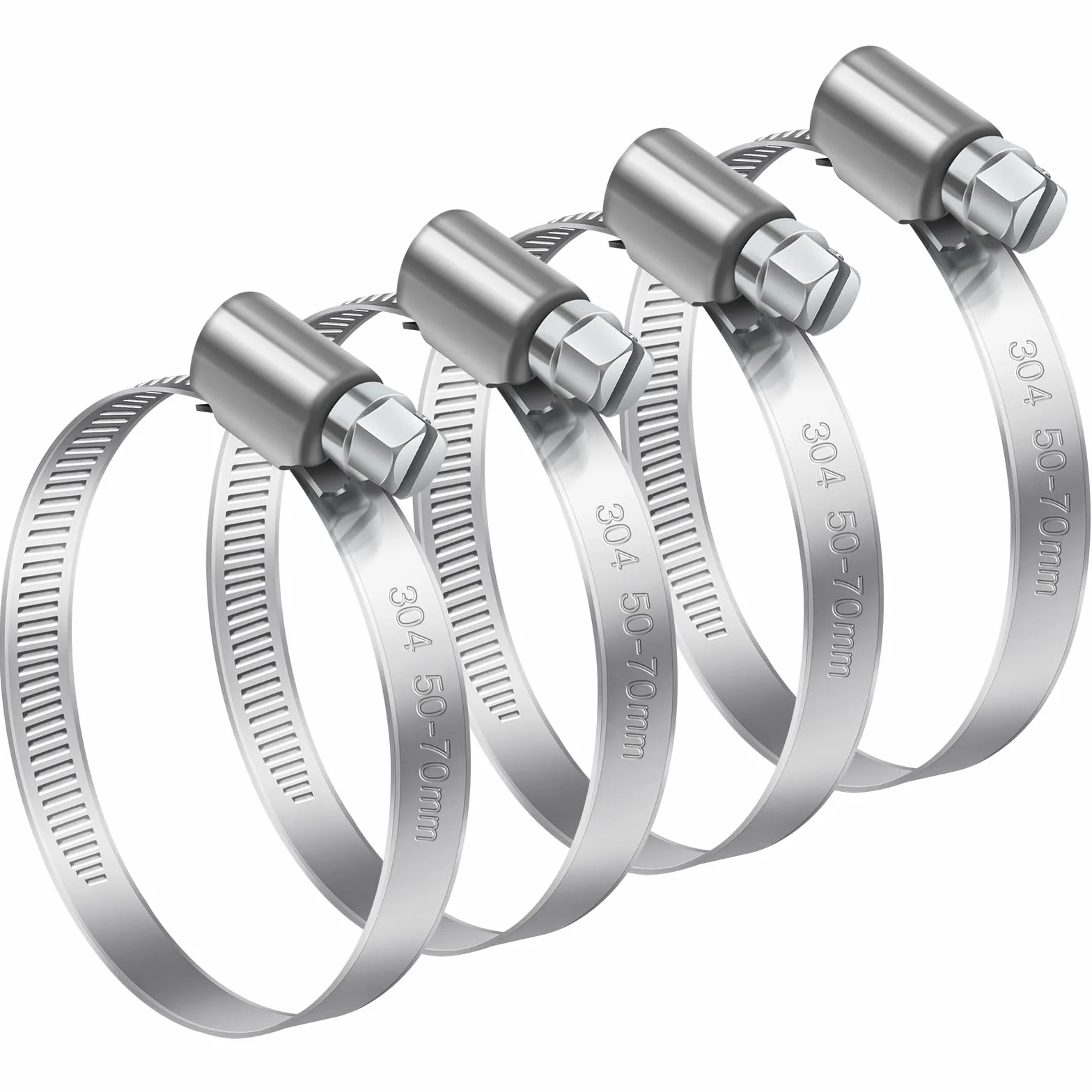 Bolatus Morsetti per tubi a vite senza fine, acciaio inox 304, regolabili, 50-70 mm, 4 pezzi, argento