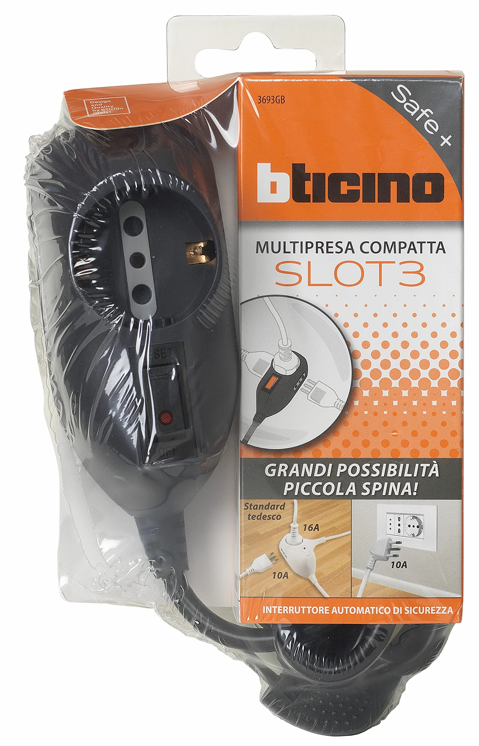 BTICINO Ciabatta Multipresa Elettrica Slot 9 Posti, 1 Polivalenti Schuko 10/16A + 2 Bivalenti 10/16A, Ciabatta Elettrica con Interruttore e Cavo 1,5m Spina 10A, Robusta Salvaspazio Flessibile, Nero