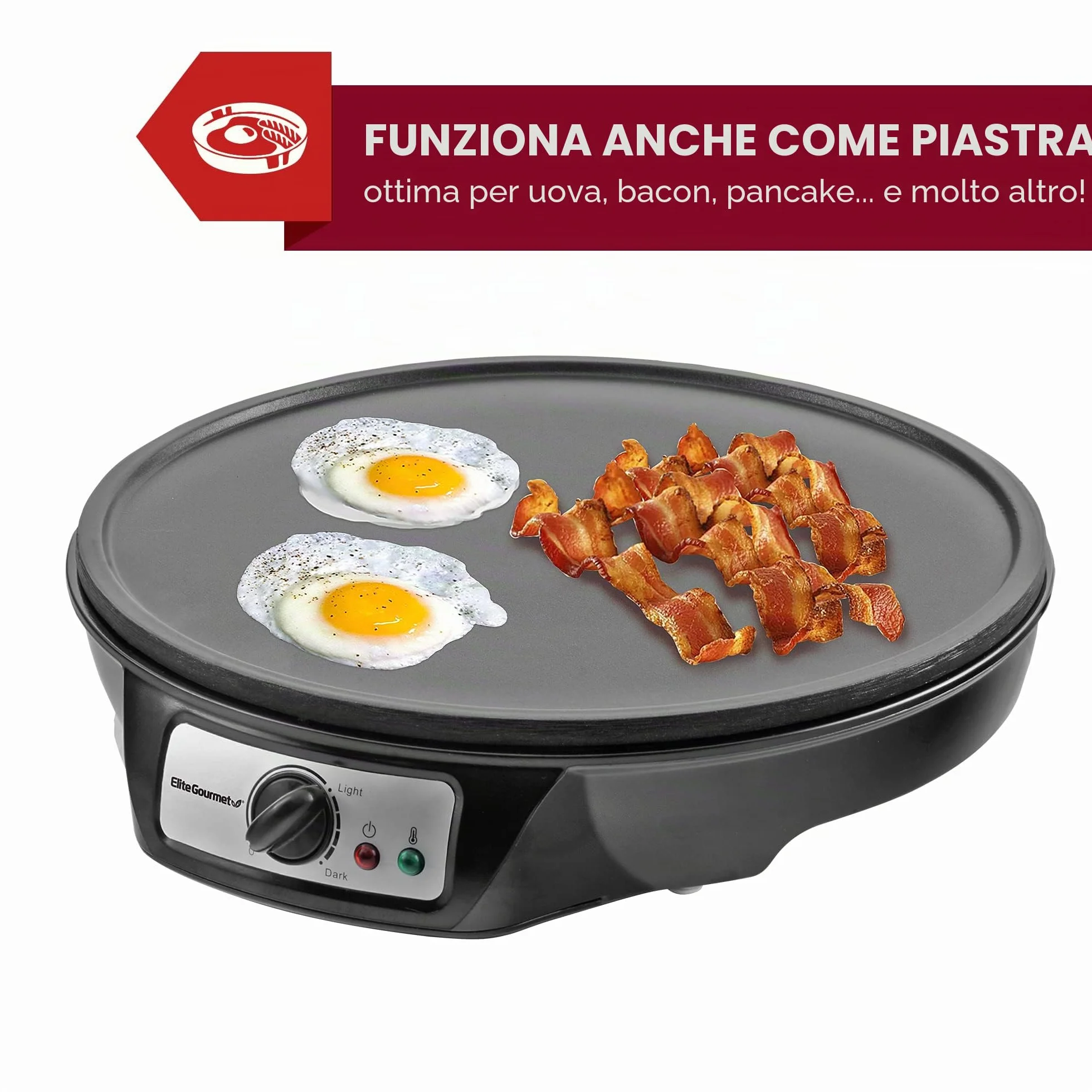 Elite Gourmet, Crepiera elettrica ECP-126 per crêpes, pancake, torte, piastra antiaderente, con spargitore, spatola e ricette, lingua italiana non garantita, 30,5 cm, nero