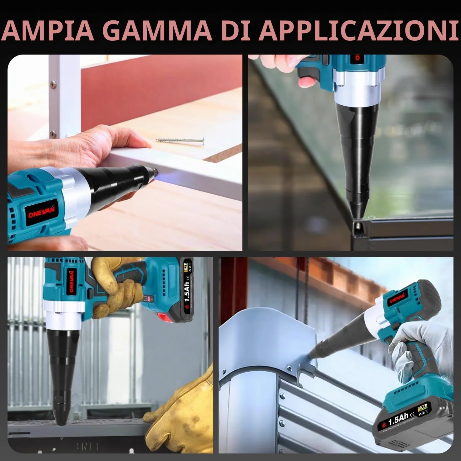 ONEVAN Pinza per rivetti a batteria, 20000N, corsa 20mm, senza spazzole, automatica, 2 batterie, 4 guide