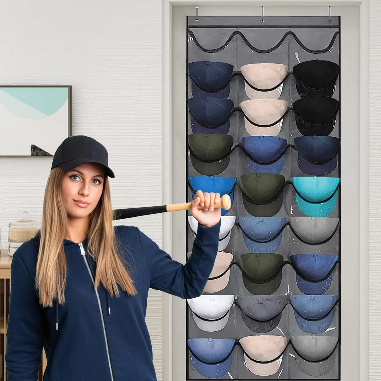 Porta Cappellini da Porta con 27 Tasche, Appendi Cappelli Baseball Cap Holder Grigio