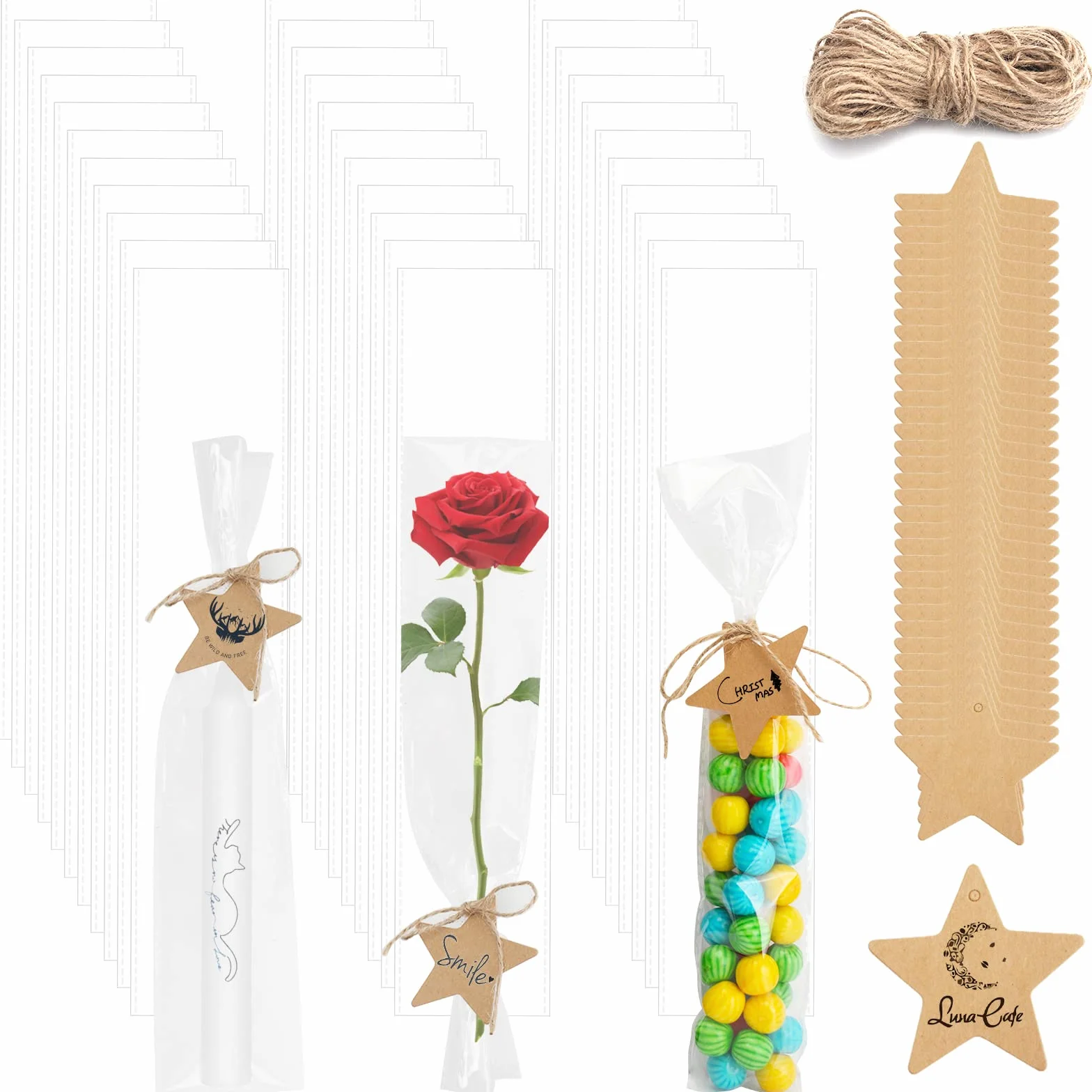 100 Pezzi Sacchetti Cellophane Lunghi, 31x7 cm Sacchetti Trasparente Con 100 Etichette a Stella e 20 m di Spago, Buste in Cellophane Piccoli per Candele Gioielli Artigianato Cioccolato