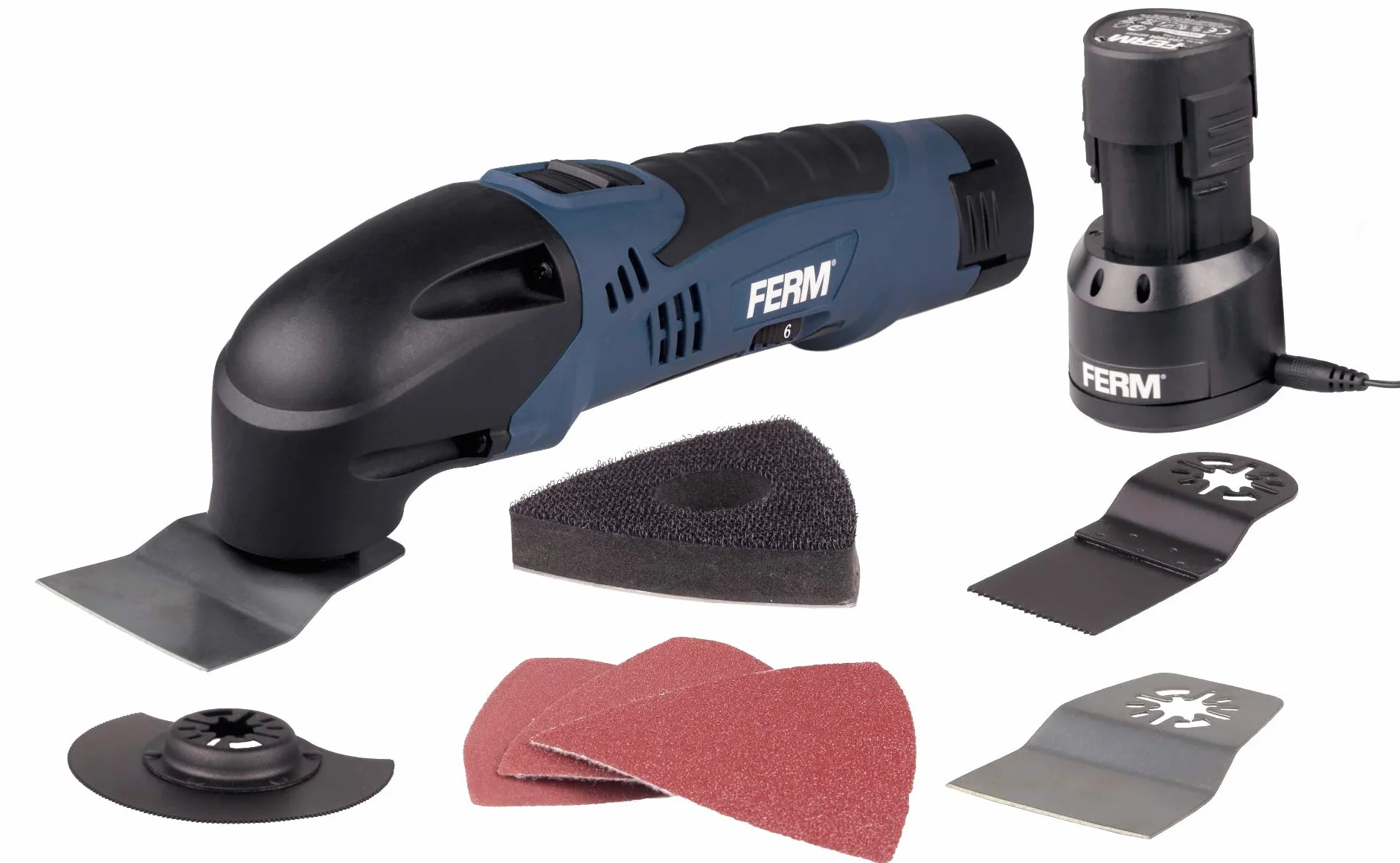 FERM Utensile Multifunzione a Batteria 12V 1.5Ah 8 Accessori Custodia Velocità variabile