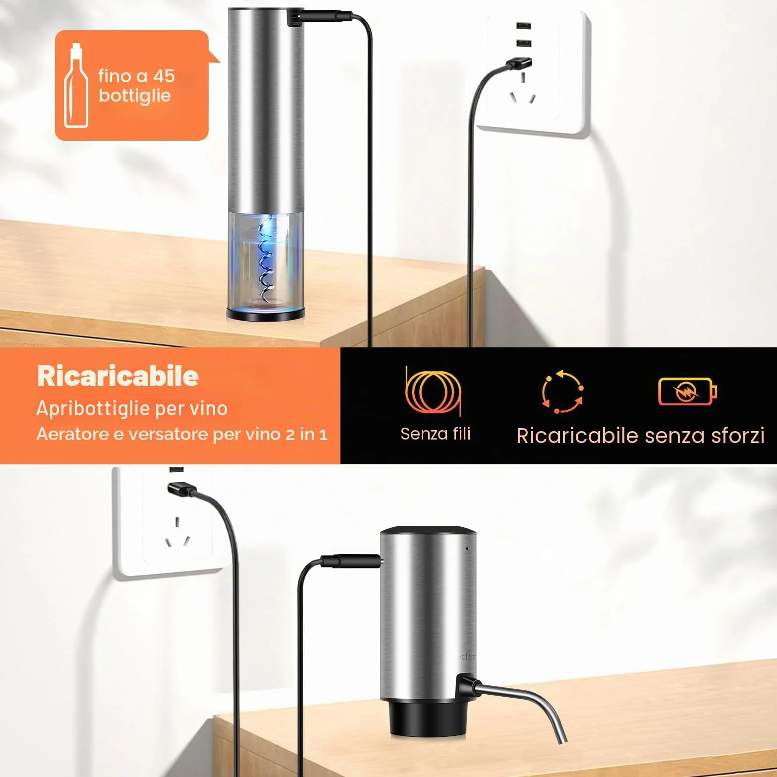 Cavatappi Professionale Elettrico per Vino, Apribottiglie Elettrici 4 in 1 Set con Apribottiglie Ricaricabile, Versatore Automatico per Vino, Taglierina per Lamine, Tappi Sottovuoto
