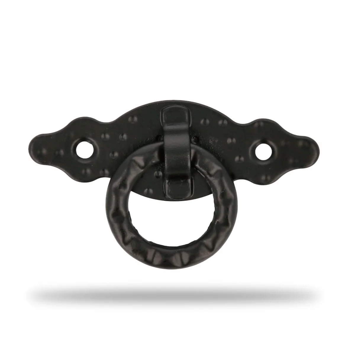 Amig - Maniglie Per Mobili Orizzontale - Modello 1000 - Acciaio - Ferramenta Rustica - 80x28x1,5 mm - Con Anello e Placca Puntinata - Finitura: Nera