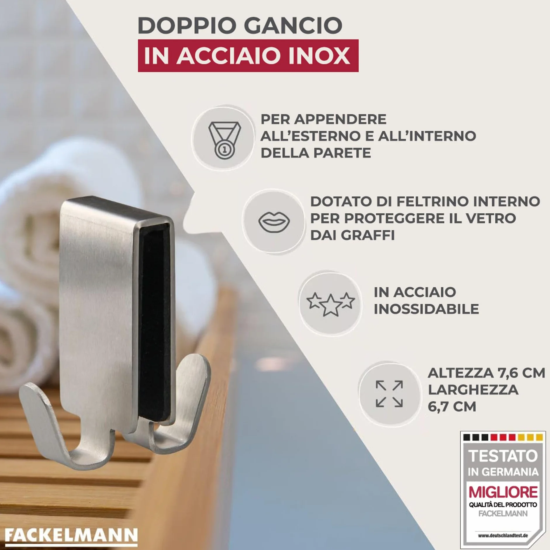 Fackelmann Gancio doppio per box doccia, appendi accappatoio, materiale in acciaio inox, dotato di feltrino interno antigraffio, adatto ai box doccia con spessore standard, dimensioni 7,6 x 6,7 cm