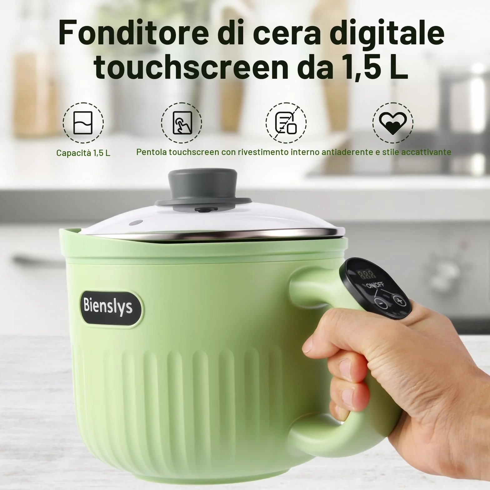 Bienslys Pentola sciogli cera elettrica 1,5 L con touchscreen digitale, rivestimento antiaderente e controllo preciso della temperatura – Ideale per candele, saponi, cera fusa e progetti fai-da-te.
