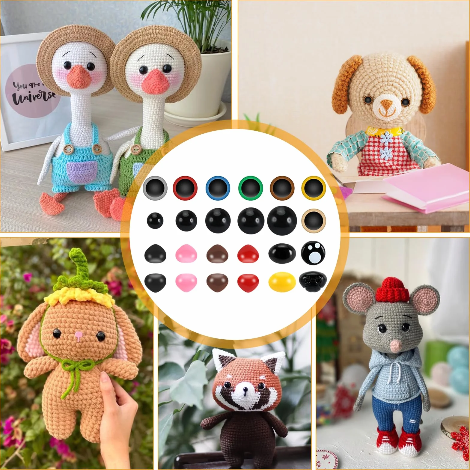Auauraintt 1040 Pezzi Occhi Amigurumi, Colorati Safety Eyes e Nasi di Diverse Dimensioni con Rondelle, Amigurumi Kit Adatti per Amigurumi, Peluche, Orsacchiotti e Animali all'Uncinetto
